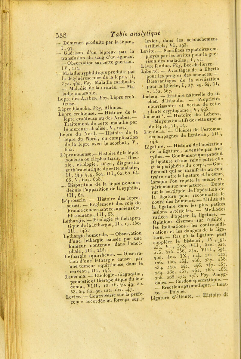 _ Démence produite par la lcpr«, levier, dans les ^ accouehemens — Guérison d un lepreuv par la transl'usion du sang d'un agneau. — Obsetvation sur cette guérison. IV 124. ' — Ma'ladk syphilitique produite par la dégénérescence de la lèpre, 11, 3-5. 4cSo. r-'oy. Maladie cardinale. — Maladie de la crimée. — Ma- ladie incurable. Lèpre des Arabes, Voy. Lèpre croù- teuse. Lèpre blanche. Foy, Albinos. Lèpre croùteuse. — Histoire de la lèpre croùteuse ou des Arabes.— Traitement de cette maladie par lé mercure alcalisé, V , 602. Lèpre du Nord. — Histoire de la ' lèpre du Nord, ou comphcation de la lèpre avec le scorbut, V , LèpVnoueuse.—Histoire de la lèpre noueuse ou éléphantiasis.—Théo- rie, étiologie, siège, diagnostic et thérapeutique de cette maladie, H, 449-479- 5o4. 111,62.60.64. 65. V, 607. 608. _ DisparitioQ de la lèpre noueuse depuis l'apparition de la syphilis, Léproserie. - Histoire des lepro- séries. — Règlement des rois de France concernant ces anciens eta- blissemens , ill, 65. Léthargie.-Etiologie et tl^^rapeu- tique de la léthargie, 11, ly ^^o- LéVhaîgii humorale, - Observation d'uni léthargie caus^ée par une humeur contenue dans 1 encé- phale, III, ^S. Observa- Léthargie squirrheuse. - O^^^^! tion d'une léthargie causée par une tumeur squirrheuse dans le cerveau , lU , i45. . Leucoma. - Etiologie , diagnq = pronostic et thérapeutique du leu- coma , VIII, 10. 16. 46. 49- 50. 55. 5q. 80. 90. 122. 147- Levier. - Controverse sur la prefe- jepcc accordée au forceps sur le »*- • a artificiels, VI, ago. Lévite. — Sacrifices expiatoires em- ployés par les lévites pour la gué- rison des maladies, I, 71- Lèvre fendue. Foy, Bec-de lièvre. Libellé. - Avantages de la liberté pour les progrès des sciences.—- Désavantages de la civdisation ' pour la liberté, 1, 27. 29. 64- 2. i52. 567. , ,. Lichen. — Histoire naturelle du li- chen d'Islande. - Proprie es nourrissantes et vertus de celte planté cryptogame , V , 49^- Lichens - Histoire des lichens. — Moyens curatifs de cette espèce de lèpre , II, 54- ^ „ ^ Lienterie. - Ulcères de l'estomac accompagnés de lienterie, 111 , LigSùre. ~ Histoire deTopération de la ligature, inventée par An- tvllus. - Gonflement que produit la ligature d'une veine entre eUe et la périphérie du corps, —Gon- flement qui se manifeste au coa- traire entre la ligature et le cœur, lorsque l'on répète a pèrience sur une 3rte. — Doute Lrla certitude de l'opération de la ligature pour reconnaître le coursées humeurs.- Unlite de la ligature dans les pl«'^, ,P«''f« lésions artérielles. - Méthodes variées d'opérer la l'g»'/^- f Opinioos diverses sur 1 uti ite , S indications, les conlre-mdi- calions et les dangers de la hga- t„e. - Cas où la l.gature peut suppléer le bistouri, IV , 9'. 25^%I,57S, VII, 020. 02a. 025. 536. 042. Vlll, 4oa. IX, 114. Oîû. 400. 126. 259. 259. 26G. 100. 240. 260. 254. a-ia. 261. 2b0. 26S. 272, 2> - - ^ dales.-Gordon spermalique^ _ Erection spasmodique.-Luel LiStuTc'ÏaTèntc. - Histoire do a56 246. 24j. 262. a65. 5. Voy. Amyg- 094. 122. a58. 257. 265.