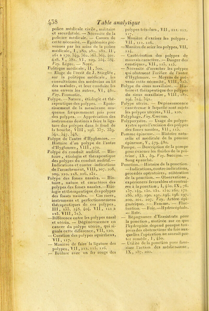 police médicale civile, inililaiie ut sacerdolale. — NOcessilé de la policice médicale. — Causes de celte nécessité. —Epidémies pié- venues par les soins de la police médicale, I , aSo. 281. ^82. Il , 161 .i 170. 349. 562.ô63.36/j. /joi. ^28. V, 582. VI, 20g. 55/|. ôSij. Voy. Lèpre. — Noyé. Politique médicale, 11 , 000. — Eloge de l'écrit de J. Slieglilz , sur la politique médicale, les consultations des médecins au lit des malades, et leur conduite l<.'s uns envers les autres, VI, /|Si. /^oy. Pionostic. Polype. — Nature, étiologie et thé- rapeutique des polypes. —• Epais- sissemeut de la membrane mu- queuse Iréquemmcnt pris pour des polypes. — Appréciation des instrumeus destinés a faire la liga- ture des polypes dans le l'oud de la bouche, VllI, 296. 337. 53g. 341. 547. 348. Polype de l'antre d'Hyghmore. — Histoire d'un polype de l'antre d'Hyghmore, Vlll , 270. Polype du conduit auditif. — His- toire , étiologie et thérapeutique des polypes du conduit auditif.— Indications et contre - indications de l'arrachement, Vlll, 207. 208. 209. 210. 218. 226, 23l. Polype des fosses nasales. — His- toire , nature et caractères des polypes des fosses nasales.—Etio- logie et thérapeutique des polypes des fosses nasales. —• Cas rares, insti-umens et perlectionnemens thérapeutiques de ces polypes, 111, i53. 148. 4o4- Vil, m à 125. VIII, 3t3. —Diirérence entre les polypes nasal et utérin. — Dégénérescence en cancer du polype utérin, qui si- gnale cette din'érencej Vil, 120. — Curation des polypes squirrheux, VII, 117. — Manière de faire la ligature des polypes, VII ,112. ii5. iiG. ^ BrCdurc avec un fer rouge des polypes très-durs , VII , 111. 112. — Manière d'exciser les polypes. Vil ,' 112. 116. —Manière de scier les polypes, VII, 114. — Cautérisation des polypes dç mauvais caractère. — Danger des caustiques , VII , 113, i iS. — Nécessité d'arracher les polypes qui obstruent l'orifice de l'antre d'Hyghmore. — Moyens de pré- venir celte nécessité, VIII, 5i5. Polype du sinus maxillaire. — His- toire et thérapeutique des polypes du sinus maxillaire , Vlll, 282. 294- 5i4. 341. Polype utérin. — Dégénérescence cancéreuse à laquelle sont sujets les polypes utérins. Vil, 120: Polyphage. Fby. Cfecum. Polypoxysire. — Usage du polypo- xystre après l'excision des polypes des fosses nasales, VU, n5. Pomme épineuse. — Histoire natu- relle et médicale de la pomme épineuse, V, 479- 480' Pompe. —Description de la pompe pour évacuer les Iluides de la poi- trine , IX, 59. Toy. Succion.— Sang épanché. Ponction.—Histoire de la ponction. —I ndica lions, contre-indica lions, procédés opératoires, réitération de la ponction. — Observations , expériences favorables et contrai- res à la ponction , 1, 4^0. IX, 76. 137. i4y. iSo. i5i. iSa. 161. 171. 1S6. 187. 190. 191. igj. 196. 197. 200. 201. 207. T'oy. Artère épi- gastrique. — Femme. — Fluc- tuation. — Foie.—Hydrocéphale. — Kate. — Répugnance d'Erasistrate pour la ponction , motivée sur ce qui: l'hydropisie dépend presque tou- joui sdes obstructions du l'oie aux- quelles l'opération ne, saurait por- ter remède, I , 45o- — Utilité de la ponction pour favo- riser l'action dus m6dic;>ijicn# ., IX, 187. 200.