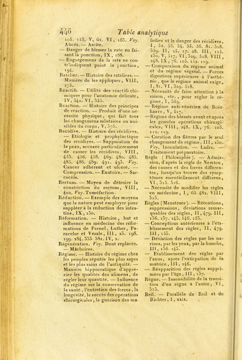 44^ Table analyliquÉ io5. ïiS, V, Gi. VI, iS3. Voy. Abcès. — Ascite. — Danger de blesser la rate en fai- sant la ponction, IX, i88. •— Engorgemens de la rate ne con- tr'iiidiquent point la jonction, '94- Râtelier. — Histoire des râteliers. — Manière de les appliquer, VllI, Réactifs. — Utilité des réactifs chi- miques pour l'anatomie délicate, IV, 542. VI, 355. Réaction. — Histoire des principes de réaction. — Produit d'une né- cessité physique, qui t'ait tous les changemens salutaires ou nui- sibles du corps,V, 575. Récidive. — Histoire des récidives. — Etiologie et prophylactique des récidives. — Suppuration de la peau, accusée particuiièremeftt de causer les récidives, VIII, 453. 456. 458. 469. 480. 483. 485. 486. 489. 491. 493. Voy. Cancer adhérent et ulcéré. — Compression. — Exutoire. — Sar- cocèle. Rectum. — Moyea de d'élïuire la constriction du rectum, VIII, 4o2. Fioy. Tuméfaction. Réduction. — Exemple des moyens que la nature peut employer pour suppléer à la réduction des intes- tin», IX, i3o. Réibrmation. — Histoire , but et influence en médecine des réfor- mations de Fernel, Luther, Pa- racelse et Vésale, III, 10. 19S. 199. 284. 333. 582. IV, 2. Régénération. Voy. Dent replacée. — Mâchoires. Régime. — Histoire du régime chez les peuples réputés les plus sages et les plus sains de l'antiquité. — Manière hippocratique d'appré- cier les qualités des alimens, de régler leur quantité. — Influence du régime sur la conservation de la santé , l'entretien des forces , la longévité, le succès des opérations chirurgicales , la guérison de» ma- ladies et le danger des récidires , I, Si. 53. 54. 55. 56. 81. 3i8. 359. II, i5. 17. 28. III, ii5. i3o. V, 517. VI, 329. 5i8. VIII, 248. IX , 76. io5. 112. 119. — Comparaison du régime animal et du régime végétal. — Forces digestives supérieures à l'asthé- nie , que le régime animal exige, 1,81. VI, 329. 5.8. — Nécessité de faire attention à la saison, etc., pour régler le ré- gime, I, 359. — Régime anti-vénériea de Boëf- haave, V, Si-. —Régime des blessés avant et après les grandes opérations chirurgi-^ cales, VIII, 248. iX, 76. io5. 112. 119. — Curation des fièvres par le seul changement de régime, III, i3o. Voy. Inoculation. — Ladre. — Traitement préparatoire. Règle ( Philosophie ). — Admis- sion, d'après la règle de Newton , des causes et des forces différen- tes, lorsqu'on trouve des symp- tômes essentiellement différens, VI,3i5. 3i6. — Nécessité de modifier les règles en médecine, I , 65. 482. VIII, 3i3. Règles (Menstrues). —Rétentions^, suppressions, déviations remar- quables des règles, II, 479- III> i36. 137. 143. 146. i55. — Conceptions antérieures à l'éta- blissement des règles, II, 479- III, i55. — Déviation des règles par les na- rines, par les yeux, par la bouche, III, i36. 143. — Etablissement des règles par l'anus, après l'extirpation de k» matrice ,111, i46- — Réapparition des règles suppri- mées par l'âge, III , 137. Règne. — Insensibilité de la transi- tion d'un règne à l'atitre, VI. 5i5. Reil. — P.irallèle de Rcil et de Richtcr, I, xxix. ,