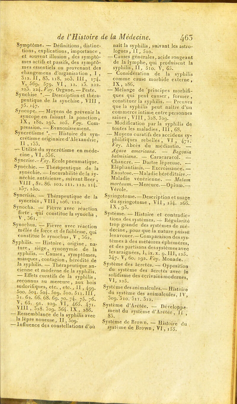 Symptôme. — Définitions, distinc- tions, explications, importance , et souvent illusion , des symptô- mes actifs et passifs, des symptô- mes essentiels ou provenant des changemens d'organisation , I , 5i2. II, 83. 118. 2o3. III, 174. Vj^Seg. 579. VI , 12. i3. 222. 225. 224. ^oy. Organe.—Peste. Synchise ' .—Description et théia- peutique de la synchise , VIII , 75. 147. Syncope. — Moyens de prévenir la syncope en faisant la ponction , IX, iSo. igS. 2o5. Voy. Com- pression. — Evanouissement. Syncrétisme — Histoire du syn- crétisme originaire d'Alexandrie, II , i53. — Utilité du syncrétisme en méde- cine , VI, 556. Syncrise.-- Foy. Ecole pneumatique. Synéchie. — Thérapeutique de la synéchie Incurabilité de la sy- néchie. antérieure , suivant Béer , VIII , 8i. 86. 102. 111. 112. 114. 137. i5o. Syncrisis. — Thérapeutique de la syncrisis , VIII, 106. 110. Synocha. — Fièvre avec réaction forte , qui constitue la synocha V , 56i. Synoohus. V- Fièvre avec réaction mêlée de force et de faiblesse, qui constitue le synochus , V , 062. Syphilis. — Histoire, origine, na- ture, siège, synonymie de la syphilis. — Causes , symptômes, masques, contagion, hérédité de ia syphilis. — Thérapeutique an- cienne et moderne de la syphilis. — Effets curatifs de la syphilis , reconnus au mercure, aux bois sudorifiques, etc. , etc., II , 409. 5oo. 5o;. 5o4. Sog. 5io. 5ii.Ill 01.62. 66.68.69.70.74. 75. 76. VIII , 328. 029. 564. IX , 286, — Ressemblance de la syphilis avec la lèpre noueuse, 11,509.' — InHuence des constellations d'où naît la syphilis, suivant les astro- logues, II, 5io. — Causes générales, acide rongeant de la lymphe, qui produisent la syphilis, II, 5lo. V, 65. — Considéraiion de la syphilis comme cause morbide externe, IX, 286. — Mélange de principes morbifi- ques qui peut causer , ibriner , constituer la syphilis. — Preuves que la syphilis peut naître d'un commerce intime entre personnes saines , VJII , 528. 52g. — Mc/difîcation par la syphilis de toutes les maladies, III, 68. ' — Moyens curatifs des accidens sy- philitiques rebelles, VI, 471. Foy. Abcès du médiaslin. — jigava amcricana. Bégonia balmisiana. — CaracaracoL Chancre. — Dartre lépreuse. — Elépliantiasis.— Excroissance. — Exostose.—Maladie héréditaire.- Maladie vénérienne. — Malum mor<H«m.—Mercure.—Ooium.— Vérole. Syringotome.—Description et u.sage du syringotome , VII, i54. 266. IX, 95. Système. — Histoire et contradic- tions des systèmes. — Régularité trop grande des systèmes de mé- decine, pour que la nature puisse les avouer.—Comparaison des sys- tèmes à des météores éphémères, et des partisans des système* avec les araignées, I, ix.x. 9. IIJ, 125. H7- V, 60. 192. Foy. Monade. Système des flcretés. — Opposition du système des .Icretés avec le solidisme des écrivainémodcrnes VI, 225. . : ' Système desanimalcules.—Histoiro du système des animalcules, IV, 009. 5io. 3ii. 5i2. Système d'Arétée. — Développe- ment du fiystème d'Arélée , JJ 85. ' Système de Brovvn. — Histoire du syslime de Brown, VI, i55. '