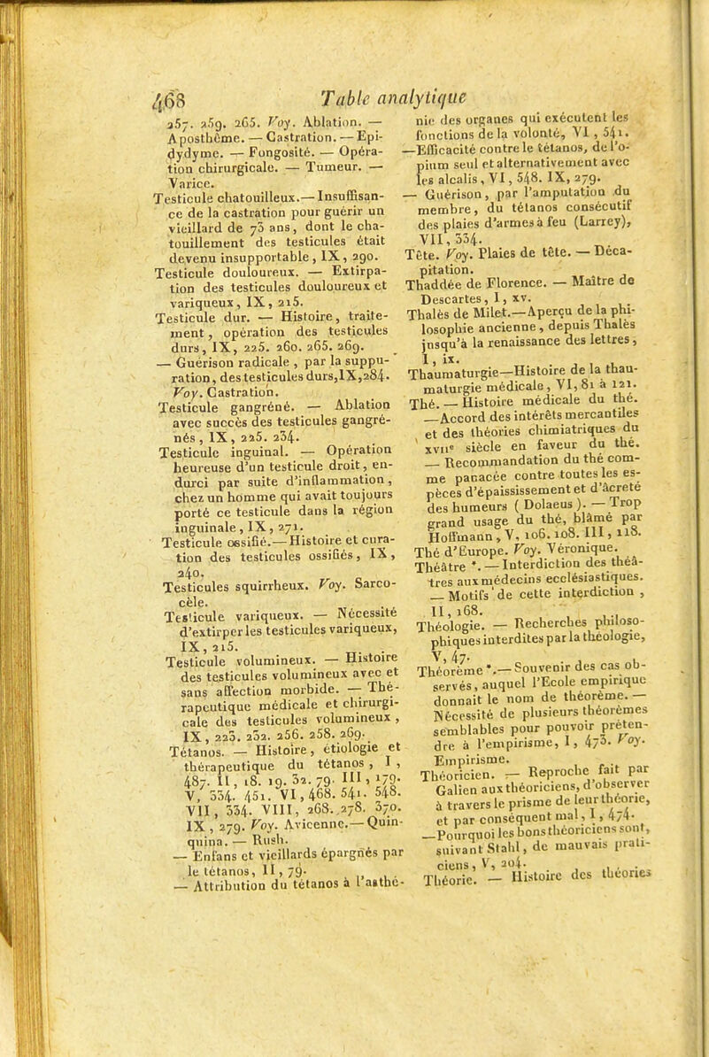 /j68 Table analytique 357. a.'îg. 2C5. foy. Ablation. — ApostbCme. — Castration. — Epi- dydyme. — Fongosité. — Opéra- tion chirurgicale. — Tumeur. — Varice. Testicule chatouilleux.— Insuffisan- ce de la castration pour guérir un vieillard de 70 ans, dont le cha- touillement des testicules était devenu insupportable , IX, 290. Testicule douloureux. — Extirpa- tion des testicules douloureux et variqueux, IX, 215. Testicule dur. — Histoire, traite ment, opération des testicules durs, IX, 225. 260. 265. 269. — Guérison radicale , par la suppu- ration, des testicules durs,IX,284. Voy. Castratiola. Testicule gangréné. — Ablation avec succès des testicules gangré- nés , IX, 225. 234. Testicule inguinal. — Opération heureuse d'un testicule droit, en- durci par suite d'inflammation , chez un homme qui avait toujours porté ce testicule dans la région inguinale, IX ,271. Testicule oesifié.—Histoire et cura- tion des testicules ossifiés , IX , 240. Testicules squirrheux. Foy. Sarco- cèle. Testicule variqueux. — Nécessité d'extirper les testicules variqueux, IX,2i5. . Testicule volumineux. — Histoire des testicules volumineux avec et sans affection morbide. — Thé- rapeutique médicale et chirurgi- cale des testicules volumineux , IX, 220. 202. 256. 258. 269. Tétanos. — Histoire, ctiologie et thérapeutique du tétanos . I , 487. îl, V, 534. 18. 19. 32. 79 451. VI, 468 m 54. 1179- _ ^ 548. Vu, 5347VuI,'268.,278. 370. IX , 279. Foy. Avicennc.—Quin- quina. — Rush. — Enlans et vieillards épargnés par le tétanos, II, 79. — Attribution du tétanos à l a»thc- nie (les organes qui exécutent les Ibnclions de la volonté, VI , 54i. —Efficacité contre le tétanos, de l'o- pium seul et alternativement avec IvB alcalis, VI, 548. IX, 279. — Guérison, par l'amputatiou du membre, du tétanos consécutif des plaies d'armes à feu (Larrey), VII, 334. Tête. Koy. Plaies de tête. — Déca- pitation. Thaddée de Florence. — Maître de Descartes, 1, xv. Thaïes de Milet.—Aperçu de la phi- losophie ancienne, depuis Thalès jusqu'à la renaissance des lettres, I ) i^* j 1 u Thaumaturgie—Histoire de la thau- maturgie médicale, VI, 81 à 121. Thé. — Histoire médicale du thé. —Accord des intérêts mercantiles et des théories chimiatriques du ' XVII' siècle en faveur du thé. _ Recommandation du thé com- me panacée contre toutes les es- pèces d'épaississement et d'âcrete des humeurs ( Dolaeus ). — Trop erand usage du thé, blâmé par Hoffmann , V, 106.108. III, 118. Thé d'Europe. Foy. Véromque. Théâtre — Interdiction des théâ- tres aux médecins ecclésiastiques. — Motifs ' de cette interdiction , 11,168. ■ ,., Théologie. — Recherches philoso- phiques interdites par la théologie, Y 47 Théorème *.-Souvenir des cas ob- servés, auquel l'Ecole empirique donnait le nom de théorème. — Nécessité de plusieurs théorèmes semblables pour pouvoir préten- dre à l'empirisme, I, ^/O. >■ oy. Empirisme. Théoricien. ^ Reproche fait par Galien aux théoriciens, d observer à travers le prisme de leur théorie, et par conséquent mal, 1, 474- —Pourquoi les bons théoriciens sont, suivant Sfahl, de mauvais prati- ciens, V, 204. Théorie. — Histoire des théories