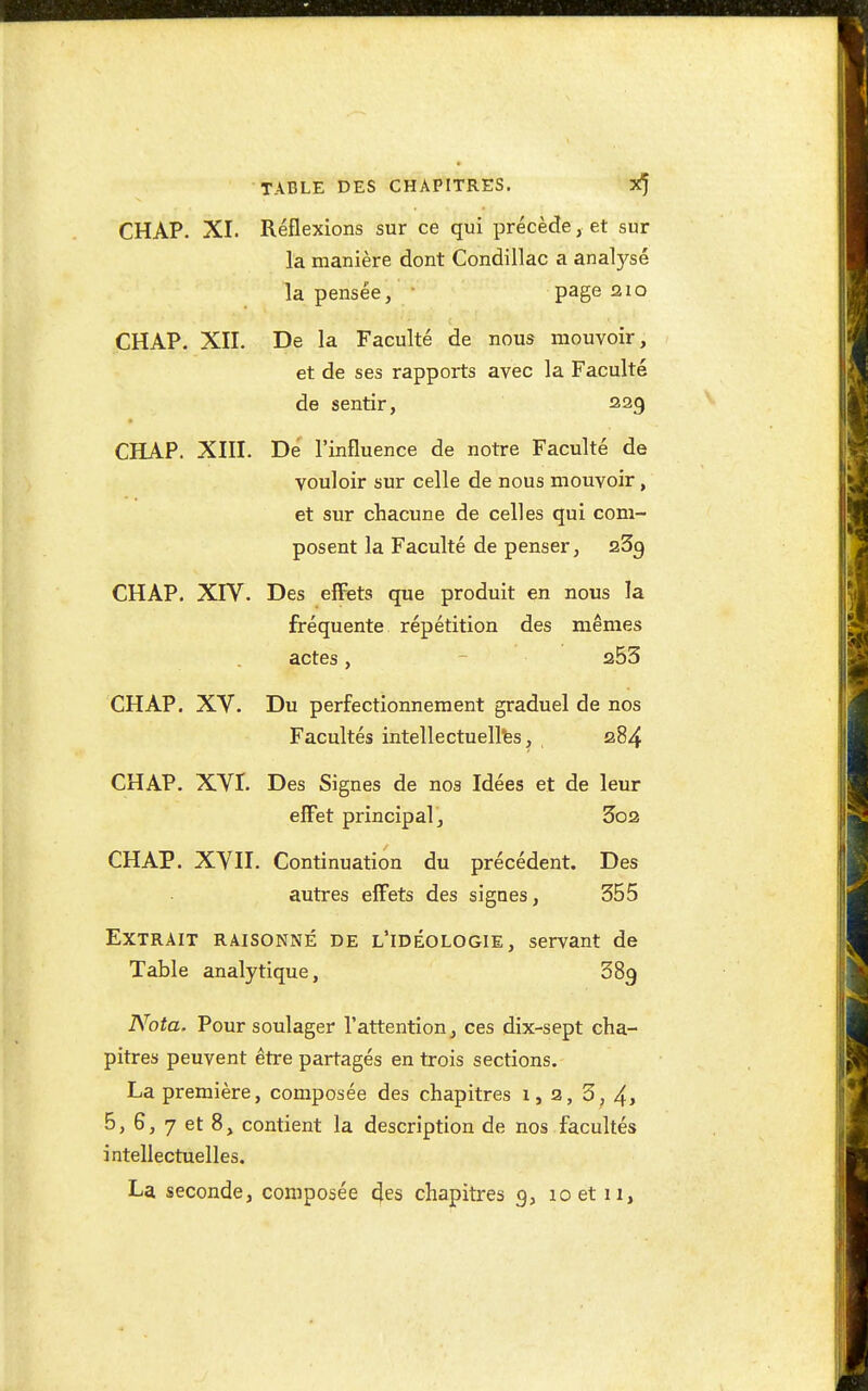 CHAP. XI. Réflexions sur ce qui précède, et sur la manière dont Condillac a analysé la pensée, page aïo CHAP. XII. De la Faculté de nous mouvoir, et de ses rapports avec la Faculté de sentir, 229 CHAP. XIII. De l'influence de notre Faculté de vouloir sur celle de nous mouvoir, et sur chacune de celles qui com- posent la Faculté de penser, aSg CHAP. XrV. Des effets que produit en nous la fréquente répétition des mêmes actes, - 353 CHAP. XV. Du perfectionnement graduel de nos Facultés intellectuellfes, 2284 CHAP. XYI. Des Signes de nos Idées et de leur effet principal, 3o2 CHAP. Xyil, Continuation du précédent. Des autres effets des signes, 355 Extrait raisonné de l'idéologie, servant de Table analytique, 389 Nota. Pour soulager l'attention, ces dix-sept cha- pitres peuvent être partagés en trois sections. La première, composée des chapitres 1,3, 3,4, 5, 6, 7 et 8, contient la description de nos facultés intellectuelles.