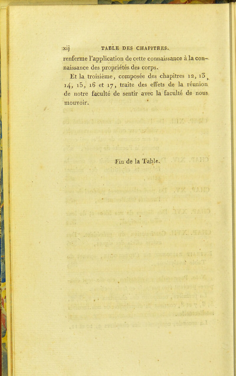 renferme l'application de cette connaissance à la con-- naissance des propriétés des corps. Et la troisième, composée des chapitres 12, 14, i5, 16 et 17, traite des effets de la réxinion de notre faculté de sentir avec la faculté de nous mouvoir. Fin de la TajDle.