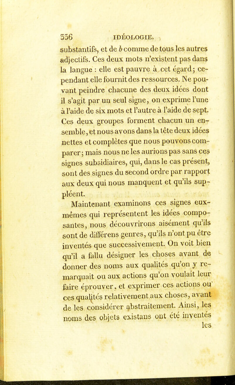 556 IDÉOLOGIE. , substantifs, et de h comme de tous les autres adjectifs. Ces deux mots n'existent pas dans la langue : elle est pauvre à cet égard ; ce^ pendant elle fournit des ressources. Ne pou- vant peindre chacune des deux idées dont il s'agit par un seul signe, on exprime l'une à l'aide de six mots et l'autre à l'aide de sept. Ces deux groupes forment chacun un en- semble , et nous avons dans la tête deux idées nettes et complètes que nous pouvons com- parer ; mais nous ne les aurions pas sans ces signes subsidiaires, qui, dans le cas présent, sont des signes du second ordre par rapport aux deux qui nous manquent et qu'ils sup- pléent. Maintenant examinons ces signes eux- mêmes qui représentent les idées compo- santes, nous découvrirons aisément qu'ils sont de différens genres, qu'ils n'ont pu être inventés que successivement. On voit bien qu'il a fallu désigner les choses avant de donner des noms aux qualités qu'on y re- marquait ou aux actions qu'on voulait leur faire éprouver , et exprimer ces actions ou ces qualités relativement aux choses, avant de les considérer abstraitement. Ainsi, les noms des objets çxistans ont été inventés