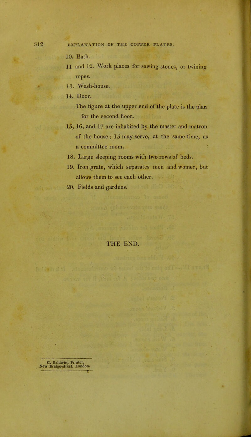 ]0. Bath. 11 and 12. Work places for sawing stones, or twining ropes. 13. Wash-house. 14. Door. The figure at tlie upper end of the plate is the plan for the second floor. 15. 16, and 17 are inhabited by the master and matron of the house; 15 may serve, at the same time, as a committee room. 18. Large sleeping rooms with two rows of beds. 19. Iron grate, which separates men and women, but allows them to see each other, 20. Fields and gardens. THE END. C. Baldwin, Printer, New Bridge-street, London. _