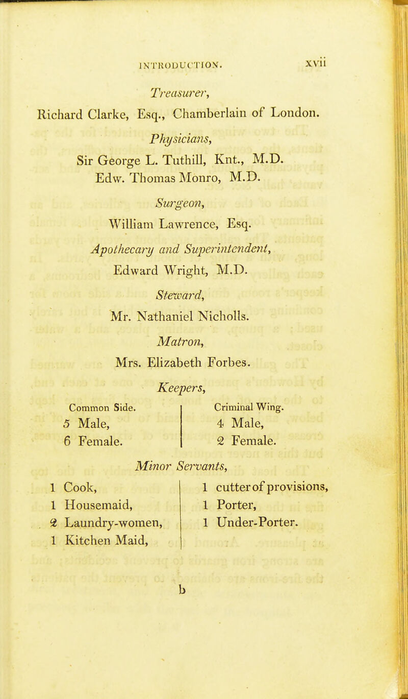 INTKODUCTIOX. XVU Treasurer^ Richard Clarke, Esq., Chamberlain of London. Physicians^ Sir George L. Tuthill, Knt, M.D. Edw. Thomas Monro, M.D. Surgeon, AVilliam Lawrence, Esq. Apothecary and Superintendent, Edward Wright, M.D. Steward, Mr. Nathaniel Nicholls. Matron, Mrs, Elizabeth Forbes. Keepers, Common Side. 5 Male, 6 Female. Criminal Wing. 4 Male, 2 Female. Minor Servants, 1 Cook, 1 Housemaid, 2 Laundry-women, 1 Kitchen Maid, 1 cutter of provisions, 1 Porter, 1 Under-Porter. b