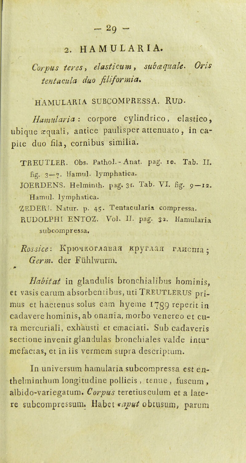 2. HAMULARIA. Corpus ieres, etasticum, subcequale> Oris r ientacula duo filiforynia. HAMULARIA SUBCOMPRESSA. RUD- Hamtilaria i corpore cylindrico, elastico, ubique ieqiiali, antice pauUsper attenuato, in ca- pite duo fila, cornibus similia. TREUTLER. Obs. PathoL - Anat. pag. lo. Tab. II. f^g. 3—7, Hamiil. lymphatica. JOERDENS. Helminth. pag. 31- Tab. VI. Bg. 9 — 12. Hamul. lymphatica. 'iJEDERf. Natur. p. 45. Tentaciilaria compressa. RUDOLPHI ENTOZ. Vol. IJ. pag. 32. Hamularia subcompressa. Rossice: Kpi04Ror;iaBaH KpyrAa.^ rAHcnia 5 Germ. der Flihlwurni. Hahiiat in glandulis bronchialibus hominis, et vasis earum absorbentibus, uti TREUTLERUS pri- mus et hactenus solus eam hyeme 1789 reperit in cadavere hominis, ab onania, morbo venereo et cu- ra mercuriaii, exhaiisti et emaciati. Sub cadaveris sectione invenit glandulas bronchiales valde intu' mefactas, et in iis vermem supra descriptum. In universum hamularia subcompressa est en- thelminthum longitudine poilicis , tenue , fuscum , albido-variegatum. Corpus teretiusculum et a late- re subcompressum. Habei c/^^^if obtusum, parum