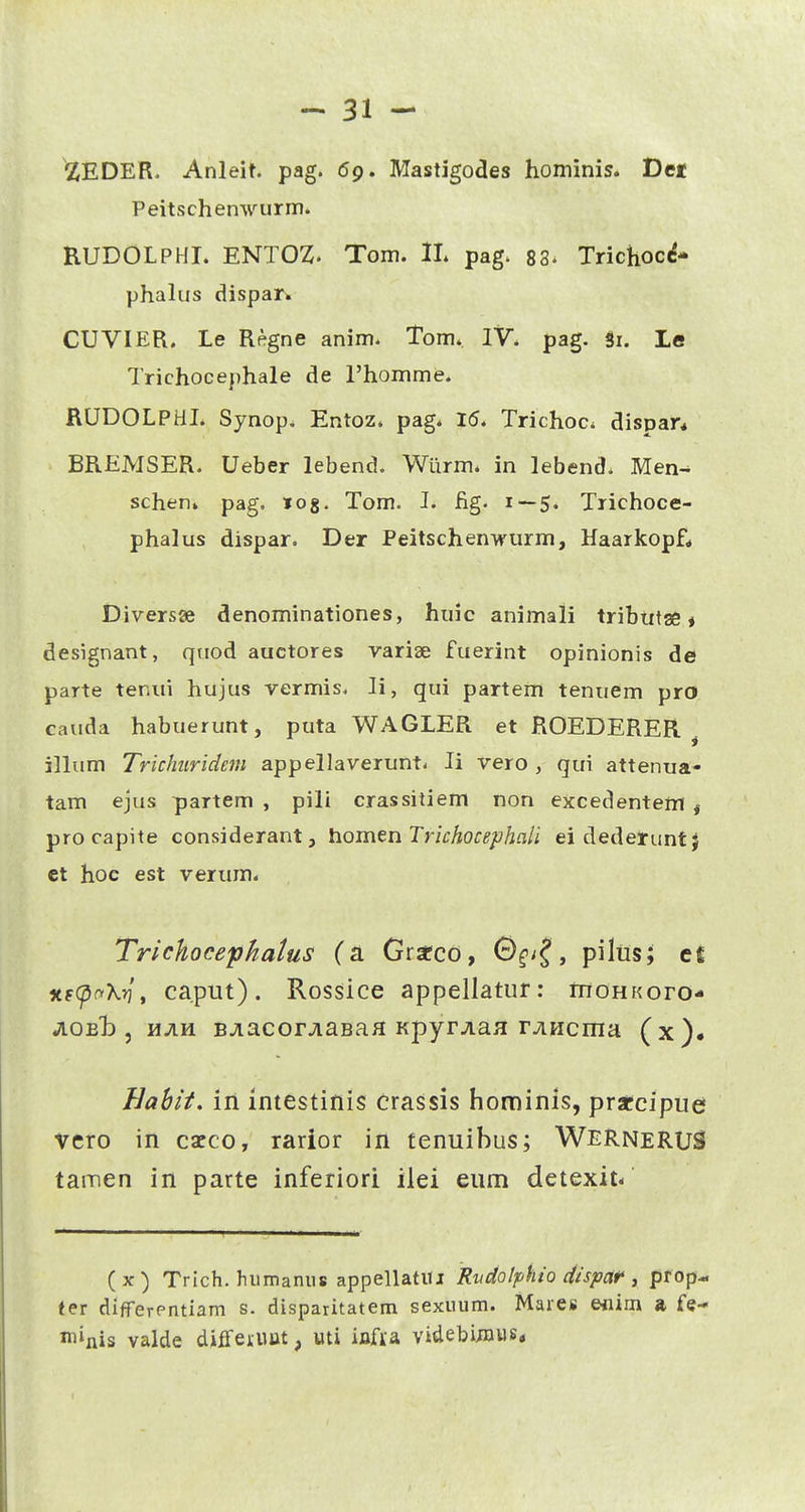 'ZEDER. Anleit. pag. 69, Mastigodes hominis. Dct Peitschenwurm. RUDOLPHI. ENTOZ. Tom. IL pag. 88- Trichoc^- phahis dispan CUVIER. Le Regne anim. Tom. IV. pag. Si. Le Trichocephale de rhomme. RUDOLPHI. Synop. Entoz. pag. 15. Trichoc. dispar* BREMSER. Ueber lebend, Wiirm. in lebend. Men- schen» pag. log. Tom. I. fig. i—5« Trichoce- phalus dispar. Der Peitschenwurm, Haarkopf* Diversse denominationes, huic animali tributae * designant, quod auctores variae fuerint opinionis de parte tenui hujus vermis, li, qui partem tenuem pro cauda habuerunt, puta WAGLER et ROEDERER illum Triclmridem appellaverunt* li vero , qui attenua- tam ejus partem , pili crassitiem non excedentem j procapite considerant, homtn Trichocephali ei dederuntj et hoe est verum. Trichocephatus (a Grarco, piltis; cc ^.((pa^Kri, caput). Rossice appellatur: rnoHKoro* jiOEt), lAAVL BJiacorjiaBaH Kpyr^aa r^Hcma (x). Eabit, iii intestinis crassis hominis, prscipue vcro in cacco, rarior in tenuihus; WerneRUS tamen in parte inferiori ilei eum detexit- (x) Trich. hiimanus appellatiti Rudotphio dispctf ^ pfop- ter diflTerPntiam s. disparitatem sexuum. Mares eflim a fe- niinis valde diffeaiut, uti infia yidebijiius,