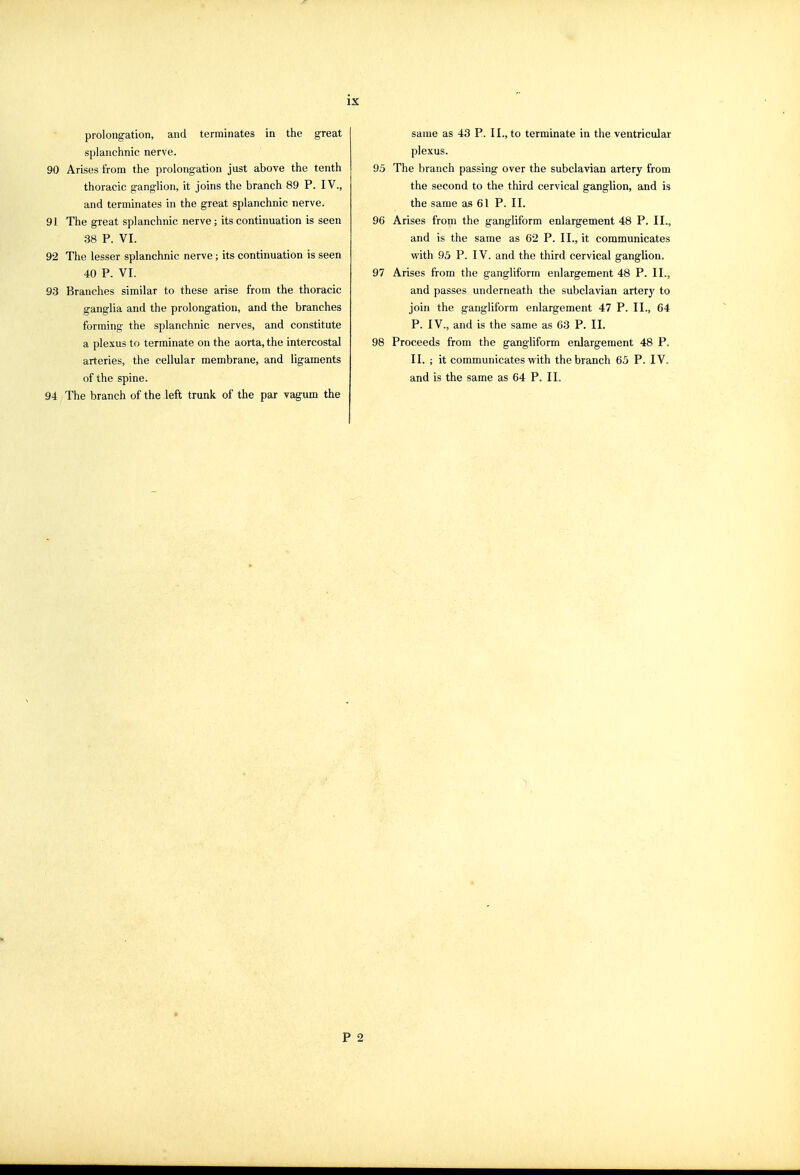 prolongation, and terminates in the great splanchnic nerve. 90 Arises from the prolongation just above the tenth thoracic ganglion, it joins the branch 89 P. IV., and terminates in the great splanchnic nerve. 91 The great splanchnic nerve; its continuation is seen .38 P. VI. 92 The lesser splanchnic nerve; its continuation is seen 40 P. VI. 93 Branches similar to these arise from the thoracic ganglia and the prolongation, and the branches forming the splanchnic nerves, and constitute a plexus to terminate on the aorta, the intercostal arteries, the cellular membrane, and ligaments of the spine. 94 The branch of the left trunk of the par vagum the same as 43 P. II., to terminate in the ventricular plexus. 9.5 The branch passing over the subclavian artery from the second to the third cervical ganglion, and is the same as 61 P. II. 96 Arises from the gangliform enlargement 48 P. II., and is the same as 62 P. II., it communicates with 95 P. IV. and the third cervical ganglion. 97 Arises from the gangliform enlargement 48 P. II., and passes underneath the subclavian artery to join the gangliform enlargement 47 P. II., 64 P. IV., and is the same as 63 P. II. 98 Proceeds from the gangliform enlargement 48 P. II. ; it communicates with the branch 63 P. IV. and is the same as 64 P. 11. P 2