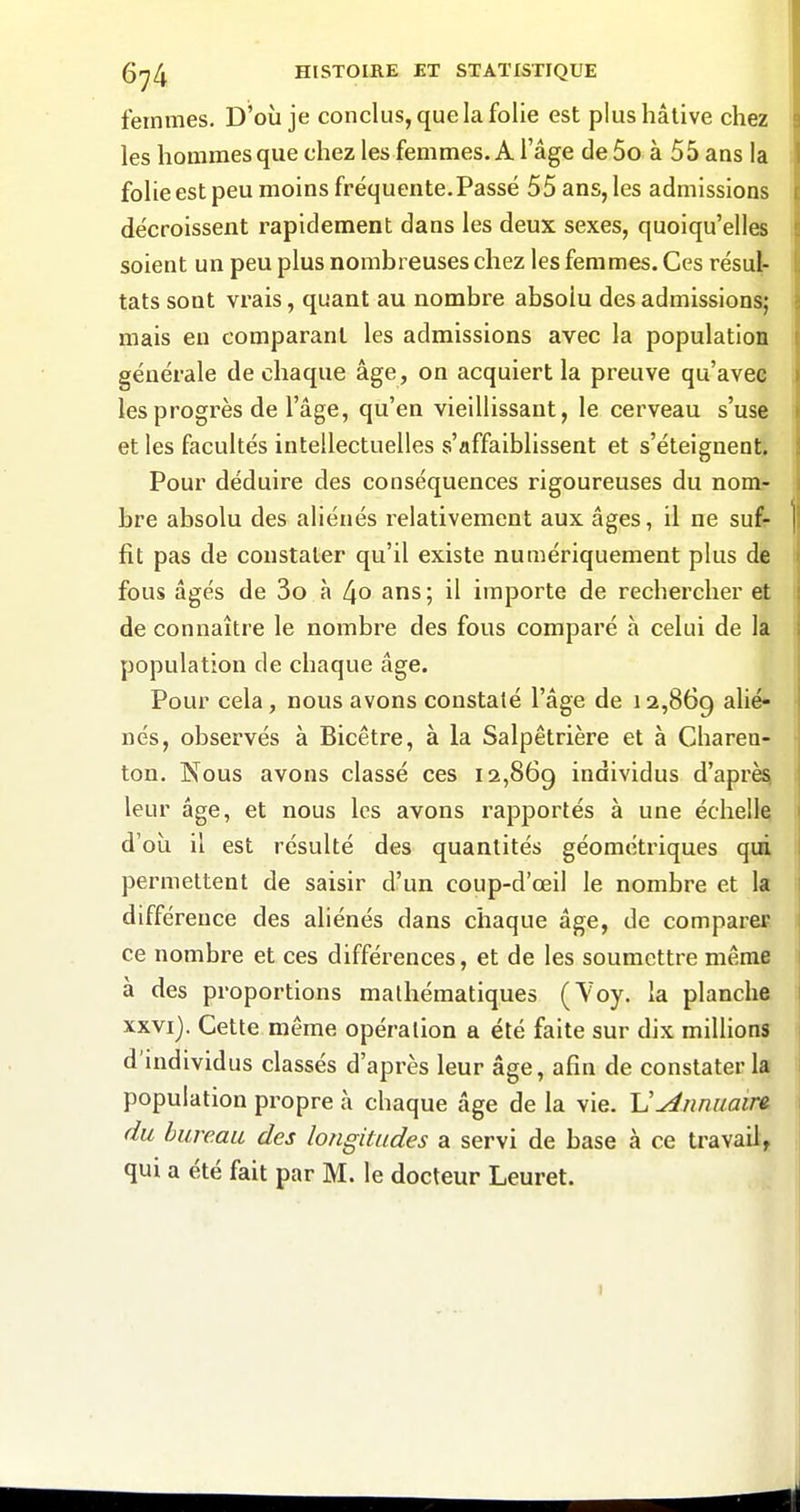 femmes. D'où je conclus, que la folie est plusliâlive chez les hommes que chez les femmes. A l'âge de 5o à 55 ans la folie est peu moins fréquente. Passé 55 ans, les admissions décroissent rapidement dans les deux sexes, quoiqu'elles soient un peu plus nombreuses chez les femmes. Ces résul- tats sont vrais, quant au nombre absolu des admissions; mais eu comparant les admissions avec la population générale de chaque âge, on acquiert la preuve qu'avec les progrès de l'âge, qu'en vieillissant, le cerveau s'use et les facultés intellectuelles s'affaiblissent et s'éteignent. Pour déduire des conséquences rigoureuses du nom- bre absolu des aliénés relativement aux âges, il ne sufr fit pas de constater qu'il existe numériquement plus de fous âgés de 3o à l[0 ans; il importe de rechercher et de connaître le nombre des fous comparé à celui de la population de chaque âge. Pour cela, nous avons constaté l'âge de 12,869 alié* nés, observés à Bicêtre, à la Salpêtrière et à Chareu- ton. Nous avons classé ces 12,869 individus d'après leur âge, et nous les avons rapportés à une échelle d'où il est résulté des quantités géométriques qià permettent de saisir d'un coup-d'œil le nombre et la différence des aliénés dans chaque âge, de comparer ce nombre et ces différences, et de les soumettre même à des proportions mathématiques (^'oy. la planche xxvij. Cette même opération a été faite sur dix millions d'individus classés d'après leur âge, afin de constater la population propre à chaque âge de la vie. V^nnuairv du bureau des longitudes a servi de base à ce travail, qui a été fait par M. le docteur Leuret. I