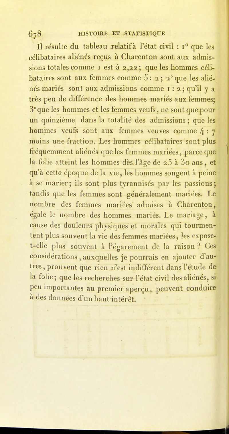 Il résulte du tableau relatif à l'état civil : i** que les célibataires aliénés reçus à Gharenton sont aux admis- sions totales comme i est à 2,22; que les hommes céli- bataires sont aux femmes comme 5: 2 ; 2° que les alié- nés mariés sont aux admissions comme 1:2; qu'il y a très peu de différence des hommes mariés aux femmes; 3° que les hommes et les femmes veufs, ne sont que pour un quinzième dans la totalité des admissions ; que les hommes veufs sont aux femmes veuves comme f\ : 7 moins une fraction. Les hommes célibataires sont plus fréquemment aliénés que les femmes mariées, parce que la folie atteint les hommes dès l'âge de 26 à 3o ans, et qu'à cette époque de la vie, les hommes songent à peine à se marier; ils sont plus tyrannisés par les passions; tandis que les femmes sont généralement mariées. Le nombre des femmes mariées admises à Gharenton, égale le nombre des hommes mariés. Le mariage, à cause des douleurs physiques et morales qui tourmen- tent plus souvent la vie des femmes mariées, îes expose- t-elle plus souvent à l'égarement de la raison ? Ces considérations , auxquelles je pourrais en ajouter d'au- tres, prouvent que rien n'est indifférent dans l'étude de la folie; que les recherches sur l'état civil des aliénés, si peu importantes au premier aperçu, peuvent conduire à des données d'un haut intérêt.