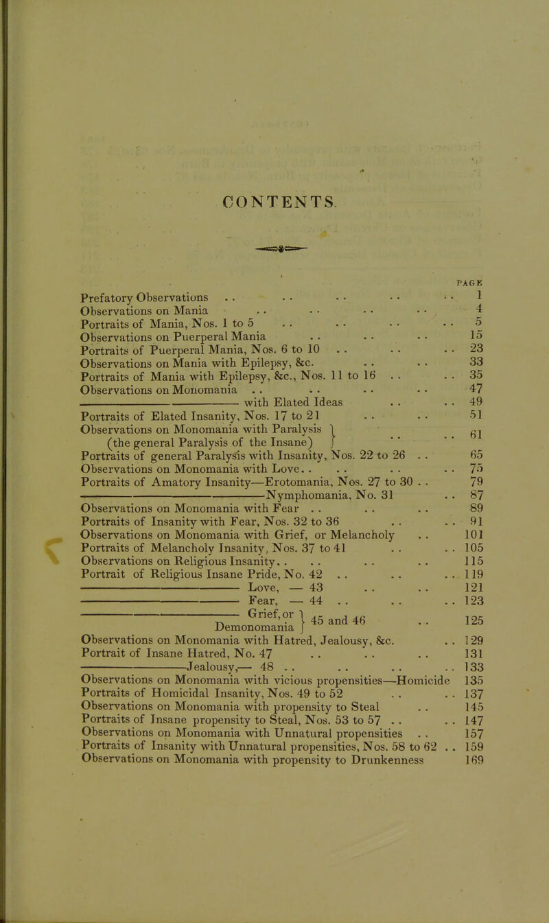 CONTENTS PAGE Prefatory Observations . . . • • • • • . . 1 Observations on Mania • . • • • • • • 4 Portraits of Mania, Nos. 1 to 5 . . . . . • . . 5 Observations on Puerperal Mania . . • • • • 15 Portraits of Puerperal Mania, Nos. 6 to 10 . . . . .. 23 Observations on Mania with Epilepsy, &c. .. . • 33 Portraits of Mania with Epilepsy, &c., Nos. 11 to 16 . . . . 35 Observations on Monomania . . . . - . • • 47 with Elated Ideas . . . . 49 Portraits of Elated Insanity, Nos. 17 to 21 • . - . 51 Observations on Monomania with Paralysis ] (the general Paralysis of the Insane) j Portraits of general Paralyses with Insanity, Nos. 22 to 26 . . 65 Observations on Monomania with Love. . . . . . . . 75 Portraits of Amatory Insanity—Erotomania, Nos. 27 to 30 . . 79 Nymphomania, No. 31 .. 87 Observations on Monomania with Fear . . . . . . 89 Portraits of Insanity with Fear, Nos. 32 to 36 . . . . 91 Observations on Monomania with Grief, or Melancholy . . 101 Portraits of Melancholy Insanity, Nos. 37 to 41 . . . . 105 Observations on Religious Insanity. . .. .. .. 115 Portrait of Religious Insane Pride, No. 42 . . . . . . 119 Love, — 43 . . . . 121 Fear, — 44 . . . . . . 123 — ^^^'?^ I 45 and 46 . . 125 Demonomania J Observations on Monomania with Hatred, Jealousy, &c. .. 129 Portrait of Insane Hatred, No. 47 . . . . . 131 Jealousy,— 48 . . . . . . . . 133 Observations on Monomania with vicious propensities—Homicide 135 Portraits of Homicidal Insanity, Nos. 49 to 52 . . . . 137 Observations on Monomania with propensity to Steal . . 145 Portraits of Insane propensity to Steal, Nos. 53 to 57 • . . . 147 Observations on Monomania with Unnatural propensities . • 157 . Portraits of Insanity with Unnatural propensities, Nos. 58 to 62 . . 159 Observations on Monomania with propensity to Drunkenness 169