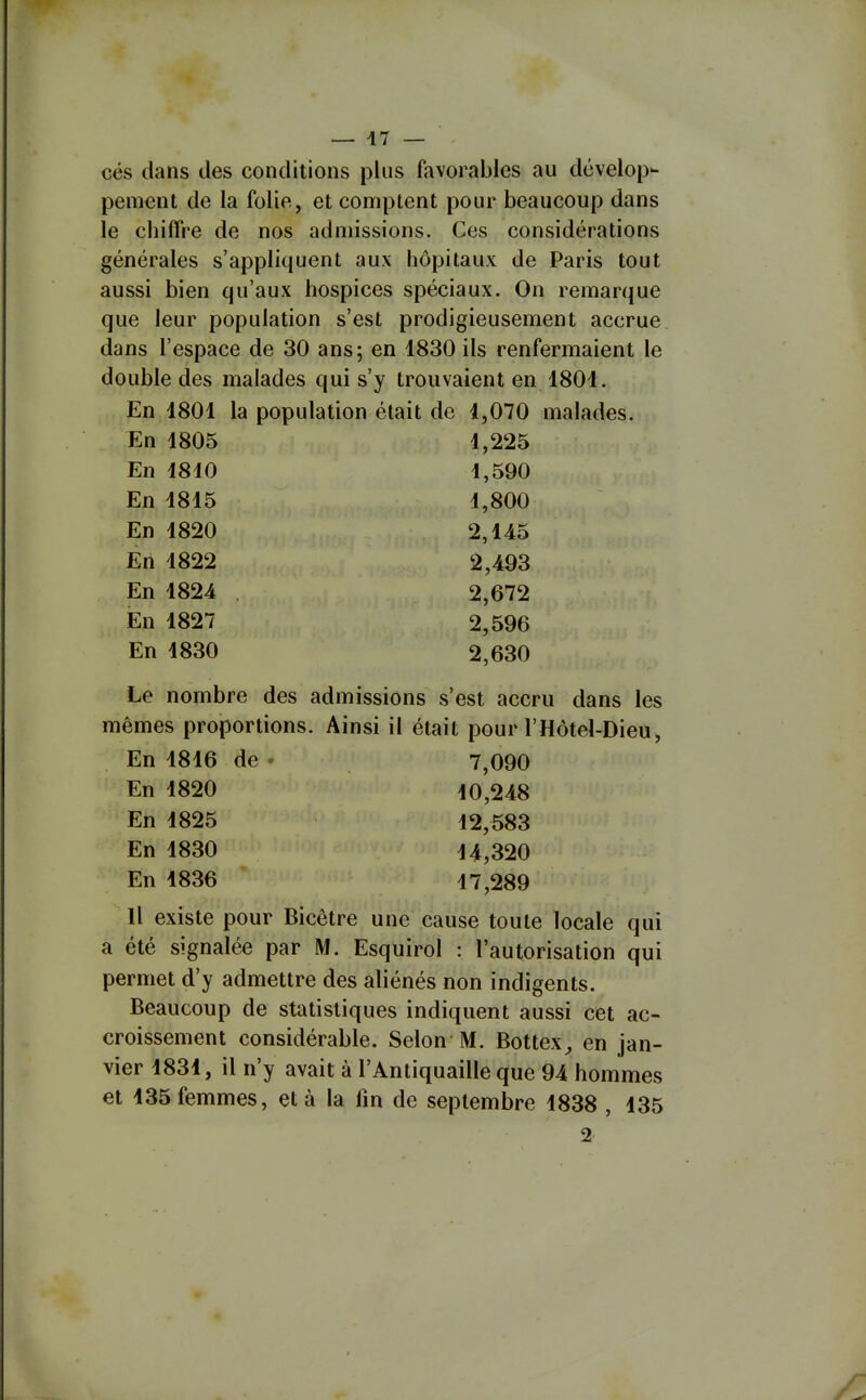 ces dans des conditions plus favorables au dévelop- pement de la folie, et comptent pour beaucoup dans le cbiffre de nos admissions. Ces considérations générales s'appliquent aux hôpitaux de Paris tout aussi bien qu'aux hospices spéciaux. On remarque que leur population s'est prodigieusement accrue dans l'espace de 30 ans; en 1830 ils renfermaient le double des malades qui s'y trouvaient en 1801. En 1801 la population était de 1,070 malades. En 1805 1,225 En 1810 1,590 En 1815 1,800 En 1820 2,145 En 1822 2,493 En 1824 . 2,672 En 1827 2,596 En 1830 2,630 Le nombre des admissions s'est accru dans les mêmes proportions. Ainsi il était pour l'Hôtel-Dieu, En 1816 de • 7,090 En 1820 10,248 En 1825 12,583 En 1830 14,320 En 1836 17,289 11 existe pour Bicêtre une cause toute locale qui a été signalée par M. Esquirol : l'autorisation qui permet d'y admettre des aliénés non indigents. Beaucoup de statistiques indiquent aussi cet ac- croissement considérable. Selon M. Bottex^ en jan- vier 1831, il n'y avait à l'Antiquaille que 94 hommes et 135 femmes, et à la fin de septembre 1838 , 135 2'