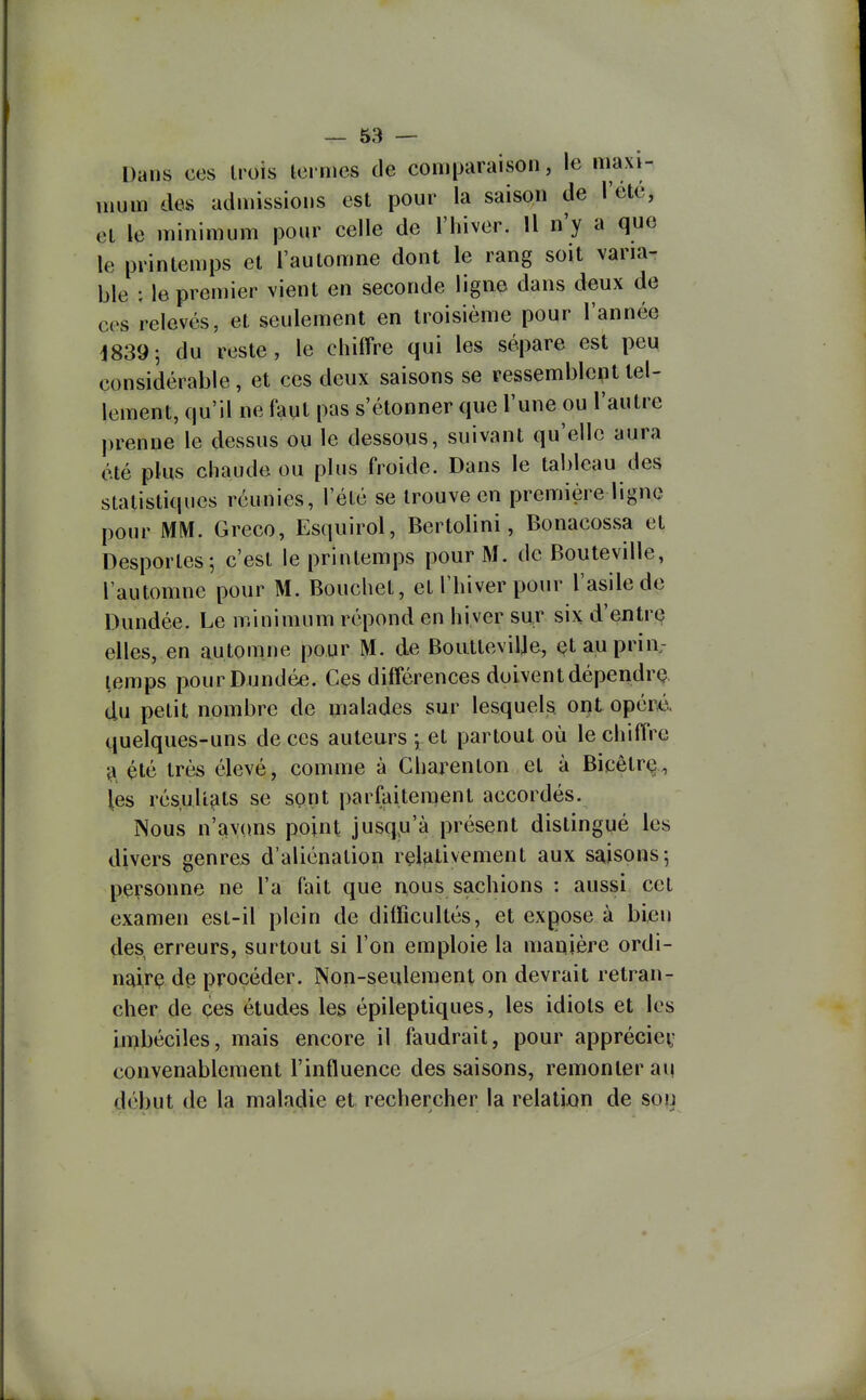Dans ces trois lei nies de comparaison, le maxi- nium des admissions est pour la saison de l'été, et le minimum pour celle de l'hiver. Il n'y a que le printemps et l'automne dont le rang soit varia- ble ; le premier vient en seconde ligne dans deux de ces relevés, et seulement en troisième pour l'année i839 5 du reste, le chiffre qui les sépare est pe^ considérable, et ces deux saisons se ressemblent tel- lement, qu'il ne faut pas s'étonner que l'une ou l'autre prenne le dessus ou le dessous, suivant qu'elle aura été plus chaude ou plus froide. Dans le tableau des statistiques réunies, l'été se trouve en première ligne pour MM. Greco, Esquirol, BertoUni, Bonacossa et Desporles; c'est le printemps pour M. de Bouteville, rautomne pour M. Bouchet, et l'hiver pour l'asile de Dundée. Le minimum répond en hiver sur six d'entre elles, en automne pour M, de Boutlevilje, et au prin- temps pour Dundée. Ces différences doivent dépendrç, du petit nombre de malades sur lesquels ont opéré, quelques-uns de ces auteurs \ el partout où le chiffre ^ été très élevé, comme à Charenton et à Bicêtr^, les résultats se sont parfaitement accordés. Nous n'avons point jusq^u'à présent distingué les divers genres d'aliénation reliitivement aux saisons-, personne ne l'a fait que nous sachions : aussi cet examen est-il plein de difficultés, et expose à bien des erreurs, surtout si l'on emploie la manière ordi- nairç dp procéder. Non-seulement on devrait retran- cher de ces études les épileptiques, les idiots et les iiflbéciles, mais encore il faudrait, pour apprécie^- convenablement l'influence des saisons, remonter au début de la maladie et rechercher la relalijQn de son