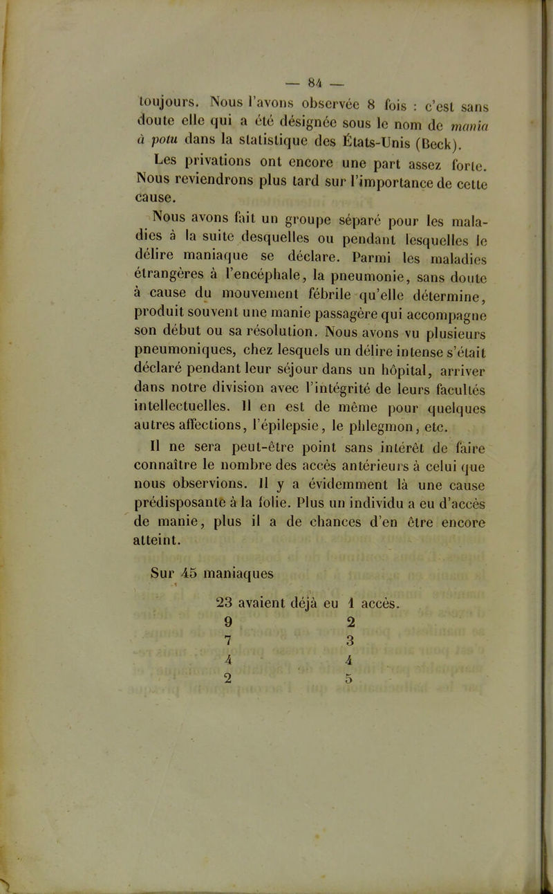 toujours. Nous l'avons observée 8 fois : c'est sans doute elle qui a été désignée sous le nom de marna à poiu dans la statistique des États-Unis (Beck). Les privations ont encore une part assez forte. Nous reviendrons plus tard sur l'importance de cette cause. Nous avons foit un groupe séparé pour les mala- dies à la suite desquelles ou pendant lesquelles le délire maniaque se déclare. Parmi les maladies étrangères à l'encéphale, la pneumonie, sans doute à cause du mouvement fébrile qu'elle détermine, produit souvent une manie passagère qui accompagne son début ou sa résolution. Nous avons vu plusieurs pneumoniques, chez lesquels un délire intense s'était déclaré pendant leur séjour dans un hôpital, arriver dans notre division avec l'intégrité de leurs facultés intellectuelles. 11 en est de même pour quelques autres affections, l'épilepsie, le phlegmon, etc. Il ne sera peut-être point sans intérêt de faire connaître le nombre des accès antérieurs à celui que nous observions. Il y a évidemment là une cause prédisposante à la folie. Plus un individu a eu d'accès de manie, plus il a de chances d'en être encore atteint. Sur 45 maniaques 23 avaient déjà eu 1 accès. 9 2 7 3 4 4 5