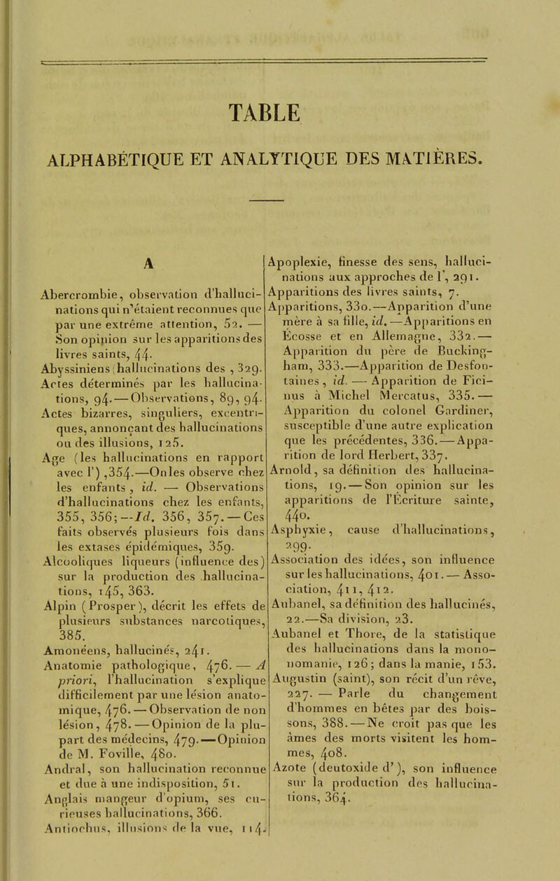 TABLE ALPHABÉTIQUE ET ANALYTIQUE DES MATIÈRES. A Abercrombie, observation d'halluci- nations qui n'étaient reconnues que par une extrême attention, 5a. — Son opinion sur les apparitions des livres saints, 44- Abyssiniens (hallucinations des , 329. Actes déterminés par les hallucina- tions, g4- — Observations, 89, 94. Actes bizarres, singuliers, excentri- ques, annonçant des hallucinations ou des illusions, 12/). Age (les hallucinations en rapport avec 1') ,354-—On les observe chez les enfants , id. — Observations d'hallucinations chez les enfants, 355, 356;— Id. 356, 357. — Ces faits observés plusieurs fois dans les extases épidémiques, 35g. Alcooliques liqueurs (influence des) sur la production des hallucina- tions, t45, 363. Alpin (Prosper), décrit les effets de plusieurs substances narcotiques, 385. Amonéens, hallucinés, 241. Anatomie pathologique, 4/6- — A priori, l'hallucination s'explique difficilement par une lésion anato- mique, 4?6- — Observation de non lésion, 478. — Opinion de la plu- part des médecins, 479-— Opinion de M. Foville, 480. Andral, son hallucination reconnue et due à une indisposition, 5i. Anglais mangeur d'opium, ses cu- rieuses hallucinations, 366. Antiochus, illusions de la vue, 114. Apoplexie, finesse des sens, halluci- nations aux approches de 1', 291. Apparitions des livres saints, 7. Apparitions, 33o.—Apparition d'une mère à sa fille, id, —Apparitions en Ecosse et en Allemagne, 332.— Apparition du père de Buching- ham, 333.—Apparition de Desfon- taines, id. — Apparition de Fici- nus à Michel Mercatus, 335.— Apparition du colonel Gardiner, susceptible d'une autre explication que les précédentes, 336. — Appa- rition de lord Herbert, 337. Arnold, sa définition des hallucina- tions, 19. — Son opinion sur les apparitions de l'Ecriture sainte, 44o. Asphyxie, cause d'hallucinations, Association des idées, son influence sur les hallucinations, 4o 1. — Asso- ciation, 411 ?4l2- Aubanel, sa définition des hallucinés, 22.—Sa division, a3. Aubanel et Thore, de la statistique des hallucinations dans la raono- nomanic, 126; dans la manie, 153. Augustin (saint), son récit d'un rêve, 227. — Parle du changement d'hommes en bétes par des bois- sons, 388. — Ne croit pas que les âmes des morts visitent les hom- mes, 408. Azote (deutoxide d'), son influence sur la production des hallucina- tions, 3o\i\