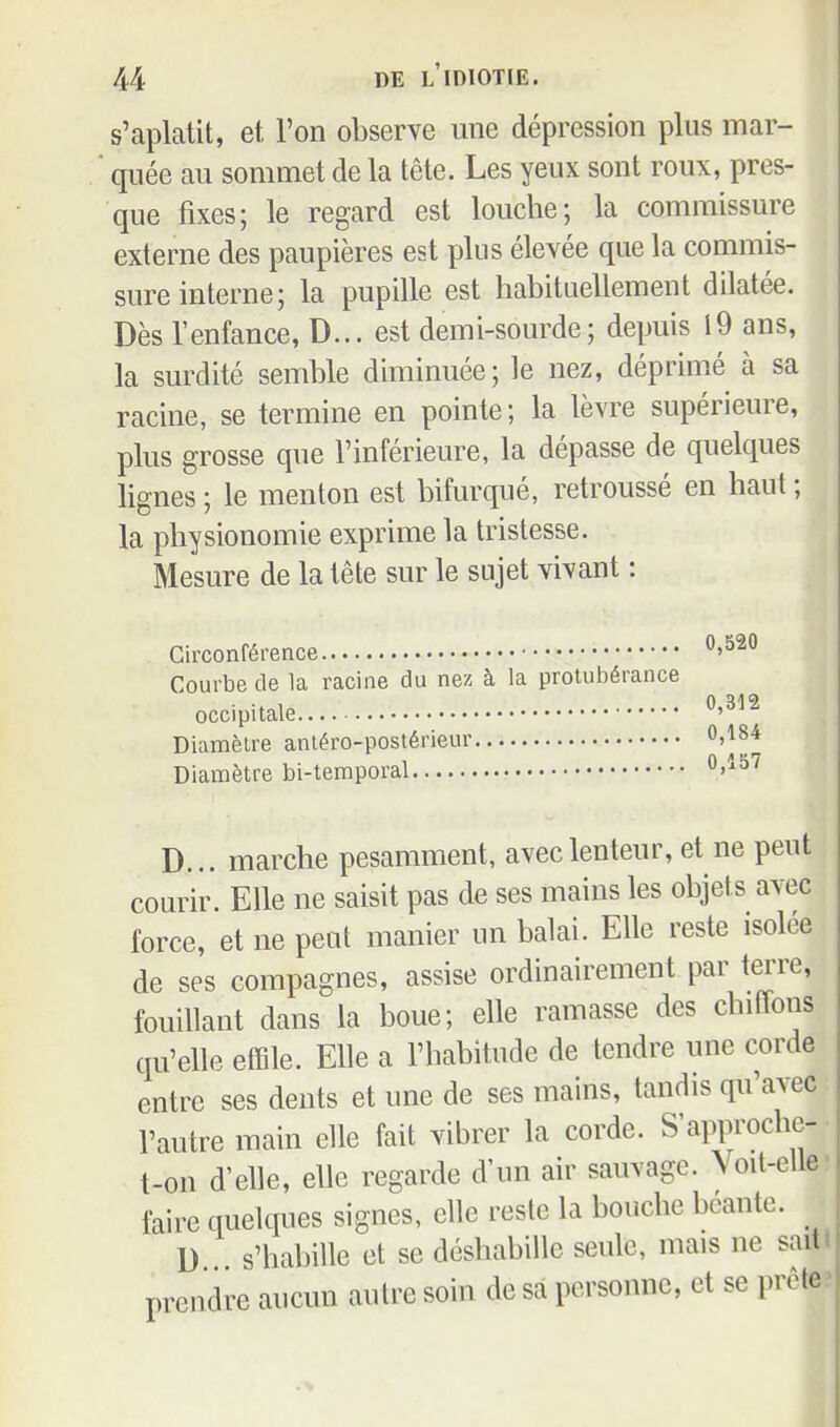 s'aplatit, et l'on observe une dépression plus mar- quée au sommet de la tête. Les yeux sont roux, pres- que fixes; le regard est louche; la commissure externe des paupières est plus élevée que la commis- sure interne; la pupille est habituellement dilatée. Dès l'enfance, D... est demi-sourde; depuis I9 ans, la surdité semble diminuée; le nez, déprimé à sa racine, se termine en pointe; la lèvre supérieure, plus grosse que l'inférieure, la dépasse de quelques lignes ; le menton est bifurqué, retroussé en haut ; la physionomie exprime la tristesse. Mesure de la tête sur le sujet vivant : Circonférence Courbe de la racine du nez à la protubérance occipitale Diamètre antéro-postérieur 0,184 Diamètre bi-temporal ^>'^^'^ D... marche pesamment, avec lenteur, et ne peut courir. Elle ne saisit pas de ses mains les objets avec force, et ne peut manier un balai. Elle reste isolée de ses compagnes, assise ordinairement par terre, fouillant dans la boue; elle ramasse des chiffons qu'elle effile. Elle a l'habitude de tendre une corde entre ses dents et une de ses mains, tandis qu'avec l'autre main elle fait vibrer la corde. S'approche- t-on d'elle, elle regarde d'un air sauvage. Voit-elle' faire quelques signes, elle reste la bouche béante. D s'habille et se déshabille seule, mais ne saitl prendre aucun autre soin de sa personne, et se prcte.^