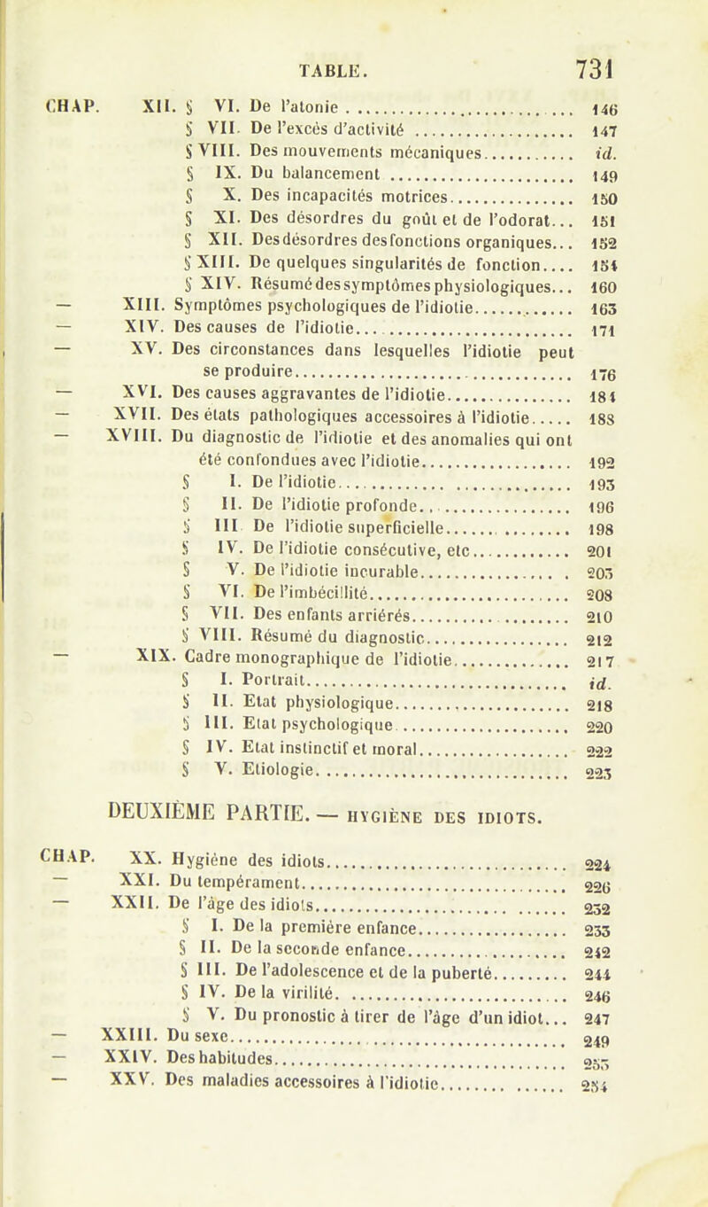 CHAP. XII. S VI. De l'alonie 146 S VII. De l'excès d'activité 147 S VIII. Des mouvements mécaniques id. § IX. Du balancement 149 S X. Des incapacités motrices 150 § XI. Des désordres du gnûi et de l'odorat... isi § XII. Desdésordres desfonctions organiques... 152 ^'XIII, De quelques singularités de fonction 15* S XIV. Résumédessymptômesphysiologiques... 160 — XIII. Symptômes psychologiques de l'idiotie 163 — XIV. Des causes de l'idiotie... 171 — XV. Des circonstances dans lesquelles l'idiotie peut se produire 176 — XVI, Des causes aggravantes de l'idiotie 181 — XVII. Des états pathologiques accessoires à l'idiotie 18S — XVIII. Du diagnostic de l'idiotie et des anomalies qui ont été confondues avec l'idiotie 192 S I. De l'idiotie 193 § II. De l'idiotie profonde 196 S III De l'idiotie superficielle 198 S IV. De l'idiotie consécutive, etc 201 S V. De l'idiotie incurable 205 S VI. De l'imbécillité 208 § VII. Des enfants arriérés 210 S VIII. Résumé du diagnostic 212 — XIX. Cadre monographique de l'idiotie 217 § I. Portrait id. i II. Etat physiologique 218 S m. Etat psychologique 220 § IV. Etat instinctif et moral 222 S V. Etiologie 223 DEUXIÈME PARTIE. — hygiène des idiots. CHAP. XX. Hygiène des idiots 224 — XXI. Du tempérament 226 — XXH. De l'âge des idiols 252 S I. De la première enfance 233 § II. De la seconde enfance 242 § III. De l'adolescence et de la puberté 214 S IV. De la virilité 246 Si V. Du pronostic à tirer de l'âge d'un idiot... 247 — XXIII. Du sexe 249 — XXIV. Des habitudes og-j — XXV. Des maladies accessoires à l'idiotie 254