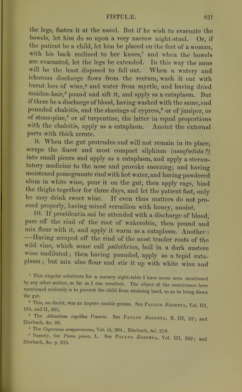 1 tlie legs, fasten it at the navel. But if lie wish to evacuate the bowels, let him do so upon a very narrow night-stool. Or, if the patient be a child, let him be placed on the feet of a woman, with his back reclined to her knees,^ and when the bowels are evacuated, let the legs be extended. In this way the anus will be the least disposed to fall out. When a watery and ichorous discharge flows from the rectum, wash it out with burnt lees of wine,2 and water from myrtle, and having dried maiden-hair,^ pound and sift it, and apply as a cataplasm. But f there be a discharge of blood, having washed with the same, and pounded chalcitis, and the shavings of cypress,* or of juniper, or of stone-pine,^ or of turpentine, the latter in equal proportions with the chalcitis, apply as a cataplasm. Anoint the external parts with thick cerate. 9. When the gut protrudes and will not remain in its place, scrape the finest and most compact silphium {assafoiticla ?) into small pieces and apply as a cataplasm, and apply a sternu- tatory medicine to the nose and provoke sneezing; and having moistened pomegranate rind with hot water, and having powdered alum in white wine, pour it on the gut, then apply rags, bind the thighs together for three days, and let the patient fast, only he may drink sweet wine. If even thus matters do not pro- ceed properly, having mixed vermilion with honey, anoint. 10. If procidentia ani be attended with a discharge of blood, pare off the rind of the root of wakerobin, then pound and mix flour with it, and apply it warm as a cataplasm. Another : —Having scraped off the rind of the most tender roots of the wild vine, which some call psilothrion, boil in a dark austere wine undiluted; then having pounded, apply as a tepid cata- plasm ; but mix also flour and stir it up with white wine and ' This singular substitute for a nursery night-table I have never seen mentionerl by any other author, as far as I can recollect. The object of the contrivance here mentioned evidently is to prevent the child from straining hard, so as to bring down the gut. =^ This, no doubt, was an impure caustic potass. See Paulus yEciNETA Vol III 185, and II, 265. ' ' ' ^ The Jdiantum capillus Veneris. See Paulus ^gineta, B. Ill, 22- and Dicrbach, &c. 86. ' '  The Cupressus sempervirens, Vet. iii, 204 , Dierbach, &c. 218. « Namely, the PinMn jnnea, L. See Paulus ^Egineta, Vol. Ill, 302 • and Dicrbach, &c. p. 215. ' '