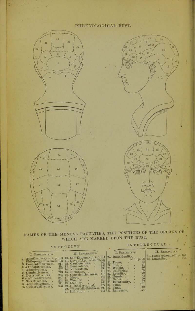 PHRENOLOGICAL BUST. NAMES OF THE MENTAL FACULTIES, THE POSITIONS OF THE ORGANS OF WHICH ARE MARKED UPON THE BUST. INTELLECTUAL. AFFECTIVE. I. Propensities. 1. Amativeness.vol.i. p. J83 2. Philoi3rogenitivencss,193 3. Concentrativencss, 211 3. a Inhabitiveness, ib. 4. Adhesiveness, . 237 5. Conibativcness, . 213 C. Dcstnictiveness, .255 6. a Alimcntivcncss, 277 7. Secretiveness, . 2!)4 8. Acquisitiveness, . 3U a. Constructivencss, 326 10. 11. 12. 13. 1-t. 15. Ifi. 17. 18. 19. 19. 20. 21. II. Sentuients. Sclf-Esteem, vol. i. p. 341 Loveof Approbation,357 Cautiousness, . Benevolence, Veneration, Firmness, . Conscientiousness, Hope, . Wonder, Ideality, a Unascertained, Wit or Mirtlifulncss, 490 Imitation . . 511 369 382 399 413 418 443 449 469 477 I. Pekoeptive. 22. Individuality, vol. ii. p. 28 23. Form, . 35 24. Size, • • • *1 25. Weight, . . 4o 2G. Colouring, . 03 27. Locality, . . 28. Number, . . 8J 29. Order, • . 90 30. Eventuality, . 92 31. Time, • JOJ 32. Tune, . • Iw 33. Language, 12* II. Reflective. 34. Comparison,voI.ii.p. 151 35. Causality, . . l^iS