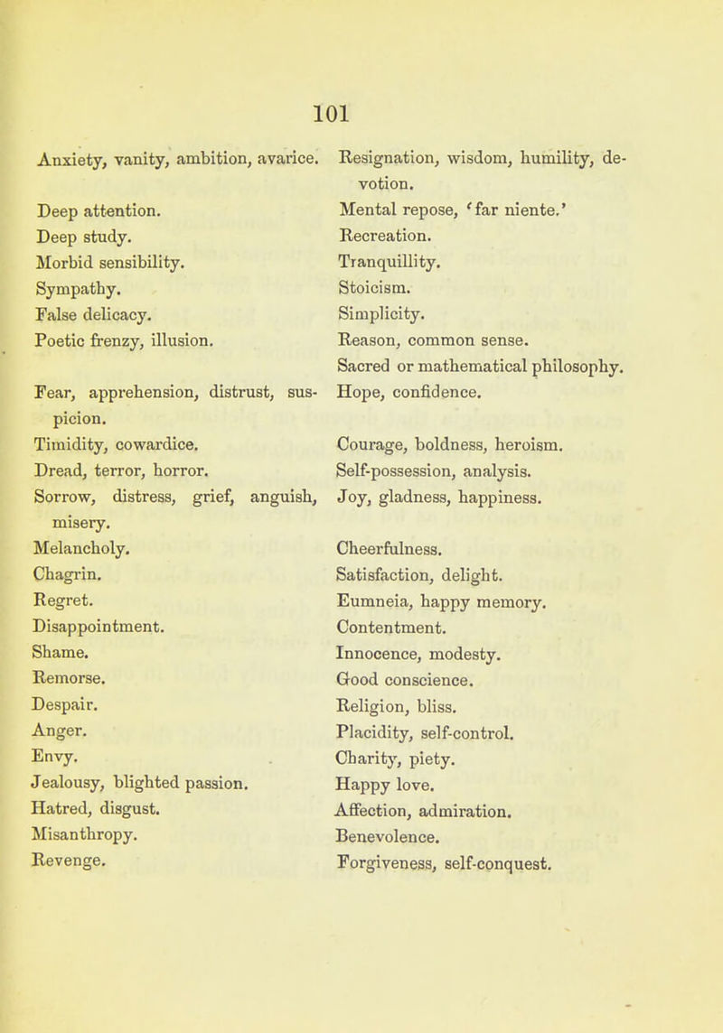 Anxiety, vanity, ambition, avarice. Deep attention. Deep study. Morbid sensibility. Sympathy. False delicacy. Poetic frenzy, illusion. Fear, apprehension, distrust, sus- picion. Timidity, cowardice. Dread, terror, horror. Sorrow, distress, grief, anguish, misery. Melancholy. Chagi-in. Regret. Disappointment. Shame. Remorse. Despair. Anger. Envy. Jealousy, blighted passion. Hatred, disgust. Misanthropy, Revenge. Resignation, wisdom, humility, de- votion. Mental repose, 'far niente,' Recreation. Tranquillity. Stoicism. Simplicity. Reason, common sense. Sacred or mathematical philosophy. Hope, confidence. Courage, boldness, heroism. Self-possession, analysis. Joy, gladness, happiness. Cheerfulness. Satisfaction, delight. Eumneia, happy memory. Contentment. Innocence, modesty. Good conscience. Religion, bliss. Placidity, self-control. Charity, piety. Happy love. Affection, admiration. Benevolence. Forgiveness, self-conquest.
