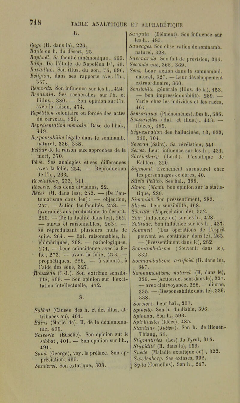 R. I\age (U. dans la), 226. liagle ou h. du désert, 25. liaplu.cl. Sa l'acuité mnémoiii(|ue , 405. liapp. De l'étoile de Napoléon P% havaillac. Son illus. du son, 75, 696. Heligion, dans ses rapports avec Th., 557. Ilemords. Son influence sur les li., -424. Renaudin. Ses recherches sur l'h. et l'iilus., 380. — Son opinion sur l'h. avec la raison, 474. Hèpélilion volontaire ou forcée des actes du cerveau, 426. lleprésenlalion mentale. Base de l'hal., 449. Responsabililé légale dans le somnamb. naturel, 336, 338. Retour de la raison aux approches de la mort, 370. Rêve. Ses analogies et ses différences avec la folie, 254. — Reproduction de l'h., 263. Réoelalions, 533, 541. Rêverie. Ses deux divisions, 22. R6ves (H. dans les), 252. — (De l'au- tomatisme dans les) ; — objection, 257. —Action des facultés, 258. — favorables aux productions de l'esprit, 260. — (De la dualité dans les), 262. — suivis et raisonnables, 2ô3 ; — se reproduisant plusieurs nuits de suite, 264. — Hal. raisonnables, h. chimériques, 268. — pathologiques, 27i. — Leur coïncidence avec la fo- lie, 27 3. — avant la folie, 273. — prophétiques, 286, — à volonté, à l'aide des sens, 327. Rousseau (J.-J.). Son extrême sensibi- lité, 469. — Son opinion sur l'exci- tation intellectuelle, 472. S. Sabbat (Causes des h. et des illus. at- tribuées au), 401. Sains (Marie de). H. de la démonoma- nie, 400. Salverle (Eusèbe). Son opinion sur le sabbat ,401. — Son opinion sur Th., 491. Sand (George), voy. la préface. Son ap- précialioil, 499. Sandercl, Son extatique, 308. Sanguin (Elément). Son influence sur les h., 483. Sauvages. Son observation de somnamb. naturel, 328. Savanarole Son fait de prévision, 366. Seconde vue, 368, 369. Sens. Leur action dans le somnambul. naturel, 327. — Leur développement extraordinaire, 360. Sensibilité générale (Illus. de la), 153. — Son impressioiinabilité, 289. — Varie chez les individus et les races, 467. Sensoriaux (Phénomènes). Des h., 585. Sensorielles (Hal. et illus.), 443. — (Idées), 4S5. Séquestration des hallucinés, 13, 623, 646, 704. Séverin (Saint). Sa révélation, 541. Sexes. Leur influence sur les h., 431. Shrewsbury (Lord). L'extatique de Kaldern, 320. Sigmond. Evénement surnaturel chez les personnages célèbres, 40. Silvio Pellico. Ses hal., 388. Simon {Max). Son opinion sur la statis- tique, 289. Simonide. Son pressentiment, 283. Slaves. Leur sensibilité, 468. Socrale. (Appréciation de), 552. Soir (Influence du) sur les h., 428. Solitude. Son influence sur les h., 437. Sommeil (Les opérations de l'esprit peuvent se continuer dans le), 265. — (Pressentiment dans le), 282. Somnambulisme (Souvenir dans le), 332. Somnambulisme artificiel (H. dans le), 347. Somnambulisme 7iaturel (H. dans le), 326. —(Action des sensdansle), 327. — avec clairvoyance, 328. — diurne, 335. — (Responsabilitédans le), 336, 338. Sorciers. Leur hal., 207. Spinello. Son h. du diable, 396. Spi7ioza. Son h., 593. Spirituelles (Idées), 485. Stanislas (Julien). Son h. de Hiouen- Thiang, 54. Stigmatisées (Les) du Tyrol, 315. Stupidité (H. dans la), 159. Suéde (Maladie extatique en) , 322. Swedenborg. Ses extases, 302. Sylla (Cornélius). Son h., 247.