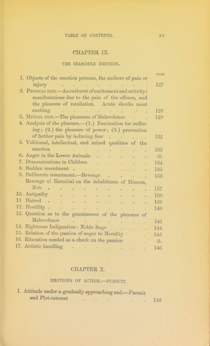 CHAPTER IX. THE IRASCIBLE EMOTION. 1. Objects of the emotion persons, the authors of pain or inji-y 2. Physical side.—An outburst of excitement and activity; manifestations due to the pain of the offence, and the pleasure of retaliation. Acute shocks most exciting . . . . . . . • . 3. Mental side.—The pleasures of Malevolence 4. Analysis of the pleasure.—(1.) Fascination for suffer- ing; (2.) the pleasure of power; (3.) prevention of farther pain by inducing fear . . . . 5. Volitional, intellectual, and mixed qualities of the emotion .... 6. Anger in the Lower Animals 7. Demonstrations in Children 8. Sudden resentment .... 9. Deliberate resentment.—E-evenofe Revenge cf Hannibal en the inhabitants of Himera Note ....... 10. Antipathy ..... 11 Hatred ...... 12. Hostility 13. Question as to the genuineness of the pleasure of Malevolence .... 14. Righteous Indignation: Noble Rage 15. Relation of the passion of anger to Morality 16. Education needed as a check on the passion 17. Artistic handling ..... PAGE 127 128 129 132 133 ih. 134 135 136 137 138 139 140 141 144 145 ih. 146 CHAPTER X. EMOTIONS OF ACTION.—PURSUIT. 1. Attitude under a gradually approaching end.—Pursuit and Plot-interest 148