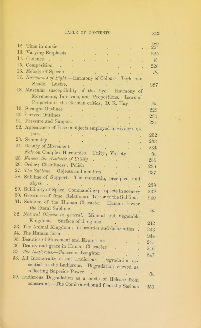12. 13. 14. 15. 16. 17. Light and 18 19. 20. 21. 22. 23. 24. 25. 26. 27. 28. 29. 30. 31. 32. 33. 34. 35. 36. 37. 38. 39. snp Time in music Varying Emphasis Cadence Composition Melodj of Speech Harmonies of 8itjht.—Harmony of Colours Shade. Lustre. ...... Muscular susceptibility of the Eye. Harmony of Movements, Intervals, and Proportions. Laws of Proportion ; the German critics; D. E,. Hay Straight Outlines ..... Curved Outlines ..... Pressure and Support .... Appearance of Ease in objects employed in givin; port ....... Symmetry ...... Beauty of Movement .... Note on Complex Harmonies. Unity ; Variety Fitness, the JEsthetic of Utility . Order; Cleanliness; Polish The SubU me. Objects and emotion Sublime of Support. The mountain, precipice abyss Sublimity of Space. Commanding prospects in scenery Greatness of Time. Relations of Terror to the Sublime Sublime of the Human Character. Human Power the literal Sublime • • • • Natural Objects in general Mineral and Vegetable Kingdoms. Surface of the globe The Animal Kingdom ; its beauties and deformities The Human form .... Beauties of Movement and Expression Beauty and grace in Human Character The Ludicrous.—Causes of Laughter All Incongruity is not Ludicrous. Degradation es- sential to the Ludicrous. Degradation viewed as reflecting Superior Power Ludicrous Degradation as a mode of Release from constraint.—The Comic a rebound from the Serious and PAGE 224 225 ib. 226 ib. 227 ib. 229 230 231 232 233 234 ih. 235 236 237 238 239 240 ib. 242 243 244 245 246 247 ib. 250