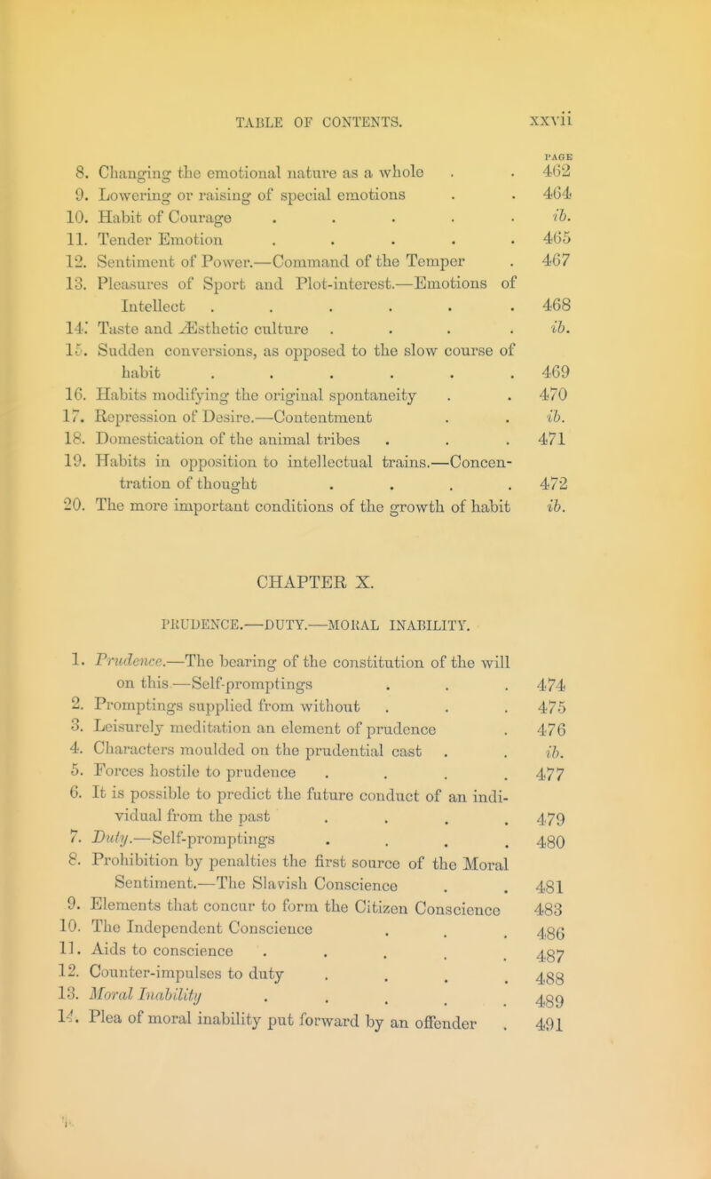 PAGE 8. ClianfnnG: the emotional iiatui'e as a whole . . 4G2 9. Lowei'mg' ov raising of special emotions . . 464 10. HalDit of Coui-age ..... '('h. 11. Tender Emotion ..... 465 12. Sentiment of Power.—Command of the Temper . 467 13. Pleasures of Sport and Plot-interest.—Emotions of Intellect ..... . 468 14. Taste and Esthetic culture .... ib. If'. Sudden conversions, as opposed to the slow course of habit ...... 469 16. Habits modifying the original spontaneity . . 470 17. Repression of Desire.—Contentment . . ib. 18. Domestication of the animal tribes . . . 471 19. Habits in opposition to intellectual trains.—Concen- tration of thought .... 472 20. The more important conditions of the growth of habit ib. CHAPTER X. PKUDENCE.—DUTY.—MORAL INABILITY. 1. Pmdence.—The bearing of the constitution of the will on this.—Self-promptings . . . 474 2. Promptings supplied from without . . . 475 3. Leisurely meditation an element of prudence . 476 4. Characters moulded on the prudential cast . . ih. 5. Forces hostile to prudence . . . .477 6. It is possible to predict the future conduct of an indi- vidual from the past .... 479 7. JDiify.—Self-promptings «... 480 8. Prohibition by penalties the first source of the Moral Sentiment.—The Slavish Conscience . .481 9. Elements that concur to form the Citizen Conscience 483 10. The Independent Conscience . . , ^gg 11. Aids to conscience • • . . . 487 12. Counter-impulses to duty .... 488 13. Moral InabiliUj . . . _ ^^g^ 1^. Plea of moral inability put forward by an ofiender . 491