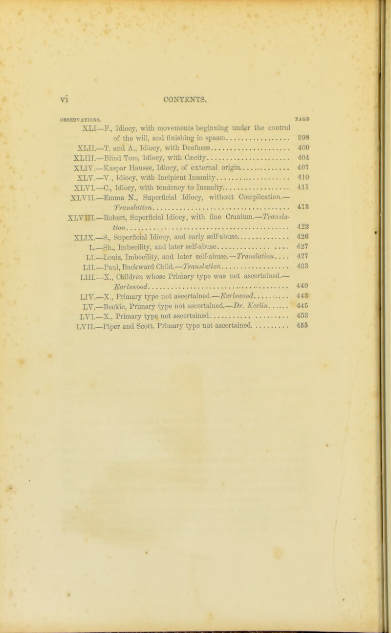 OBSERVATIONS. PAGE XLI—F., Idiocy, with movements beginning under the control of the will, and finishing in spasm 898 XLII.—T. and A., Idiocy, with Deafness 400 XLTII.—Blind Tom, Idiocy, with Ctecity 404 XLIV.—Kaspar Ilausse, Idiocy, of external origin 407 XLV.—v., Idiocy, with Incipient Insanity 410 XLYI.—C, Idiocj', with tendency to Insanity 411 XLVII.—Emma N., Superficial Idiocy, without Complication.— Translation 413 XLVin.—Robert, Superficial Idiocy, with fine Gxtmmm.—Tranda- tion 422 XLIX.—S., Superficial Idiocy, and early self-abuse 426 —Sb., Imbecility, and later self-abuse 427 LI.—Louis, Imbecility, and later self-abuse.—IVanslaiion. ... 427 LII.—Paul, Backward Child.—7'randation 433 LIIL—X., Children whose Primary type was not ascertained.— JSarlswood 440 LIV.—X., Primary type not ascertained.—Earhwood 443 LY.—Beckie, Primary type not ascertained.—Dr. Kerlin 445 LVI.—X., Primary type not ascertained 453 LVII.—Piper and Scott, Primary type not ascertained 465