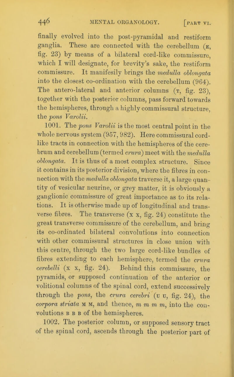 finally evolved into the post-pyramidal and restiform ganglia. These are connected with the cerebellum (e, fig. 23) by means of a bilateral cord-like commissure, which I will designate, for brevity's sake, the restiform commissure. It manifesily brings the medulla oblongata into the closest co-ordination with the cerebellum (964). The antero-lateral and anterior columns (t, fig. 23), together with the posterior columns, pass forward towards the hemispheres, through a highly commissural structure, the pons Varolii. 1001. The 2oons Varolii is the most central point in the whole nervous system (957, 982). Here commissural cord- like tracts in connection with the hemispheres of the cere- brum and cerebellum (termed crura) meet with the medulla oblongata. It is thus of a most complex structure. Since it contains in its posterior division, where the fibres in con- nection with the medulla oblongata traverse it, a large quan- tity of vesicular neurine, or grey matter, it is obviously a ganglionic commissure of great importance as to its rela- tions. It is otherwise made up of longitudinal and trans- verse fibres. The transverse (x x, fig. 24) constitute the great transverse commissure of the cerebellum, and brinir its co-ordinated bilateral convolutions into connection with other commissural structures in close union with this centre, through the two large cord-like bundles of fibres extending to each hemisphere, termed the crura cerebelli (x x, fig. 24). Behind this commissure, the jjyramids, or supposed continuation of the anterior or volitional columns of the spinal cord, extend successively through the pons, the crura cerebri (u u, fig. 24), the corpora striata M M, and thence, m m m m, into the con- volutions B B B of the hemispheres. 1002. The posterior column, or supposed sensory tract of the spinal cord, ascends through the posterior part of