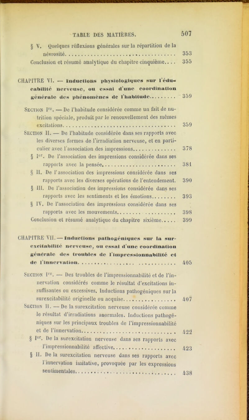 § V. t^iielqucs réflexions générales sur la réparlilion de la névrosité 353 Conclusion et résume analytique du chapitre ciruiuièuie..,. 355 CHAl'lTRE VI. — luducfioiiii physiologique» «ur l'édu* cabilité ncrvoiiiic, ou essai (l'une cooi-diiiatlou géiiérulc (les iiliénomènes de i'lial>i(u(le 359 Section P. — De l'habitude considérée comme un fait de nu- trition spéciale, produit par le renouvellement des mômes excitations 359 Section II. — De l'habitude considérée dans ses rapports avec les diverses formes de l'irradiation nerveuse, et en parti- culier avec l'association des impressions 378 § I*. De l'association des impressions considérée dans ses rapports avec la pensée 381 § H. De r association des impressions considérée dans ses rapports avec les diverses opérations de l'entendement. 390 § 111. De l'association des impressions considérée dans ses rapports avec les sentiments et les émotions 393 § IV. De l'association des impressions considérée dans ses rapports avec les mouvements 398 Conclusion et résumé analytique du chapitre sixième 399 CHAPITRE VII. — IndiicUons patliog<'ni(|iies sur la sur- excitaliiii(<'> nerveuse, ou essai d'une coordination générale des troubles do l'imprcssionnabillté et de l'innervation liOb Section 1=. — Des troubles de l'impressionnabilité et de l'in- nervation considérés comme le résultat d'excitations in- sullisanles ou excessives. Inductions pathogéniqucs sur la surexcitabilité originelle ou acquise ùol Section II. —De la surexcitation nerveuse considérée comme le résultat d'irradiations anormales. Inductions pathogé- niqucs sur les principaux troubles de l'impressionnabilité et de l'innervation ^22 § I<=f. De la surexcitation nerveuse dans ses rapports avec l'impressionnabilité aflective ^23 § II. De la surexcitation nerveuse dans ses rapports avec l'innervation imitative, provoquée par les expressions sentimentales 438