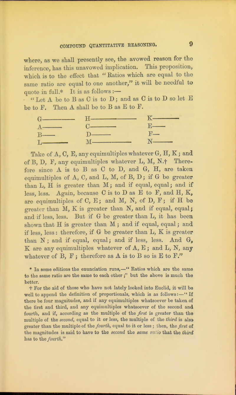 where, as we shall presently see, the avowed reason for the inference, has this unavowed implication. This proposition, which is to the effect that  Ratios which are equal to the same ratio are equal to one another, it will be needful to quote in full * It is as follows :—  Let A be to B as C is to D; and as C is to D so let E be to F. Then A shall be to B as E to F. G n K A C E B D F— L M N ■ Take of A, C, E, any equimultiples whatever G, H, K; and of B, D, F, any equimultiples whatever L, M, N.f There- fore since A is to B as C to D, and G, H, are taken equimultiples of A, 0, and L, M, of B, D; if G be greater than L, H is greater than M; and if equal, equal and if less, less. Again, because C is to D as E to F, and H, K, are equimultiples of 0, E; and M, N, of D, F; if H bo greater than M, K is greater than N, and if equal, equal; and if less, less. But if G be greater than L, it has been shown that H is greater than M ; and if equal, equal; and if less, less: therefore, if G be greater than L, K is greater than N ; and if equal, equal; and if less, less. And G, K are any equimultiples whatever of A, E; and L, N, any whatever of B, F ; therefore as A is to B so is E to F. * In some editions the enunciation runs,—** Ratios whicli are the same to the same ratio are the same to each other ; but the above is much the better. + For the aid of those who have not lately looked into Euclid, it will be well to append the definition of proportionals, which is as follows:—If there be four maguitudes, and if any equimultiples whatsoever be taken of the tirst and third, and any equimultiples whatsoever of the second and fourth, and if, according as the multiple of the Jirst is greater than the multiple of the second, equal to it or less, the multiple of the third is also greater than the multiple of the fourth, equal to it or less ; then, the first of the magnitudes is said to have to the second the same raiio that the third has to the fourth.