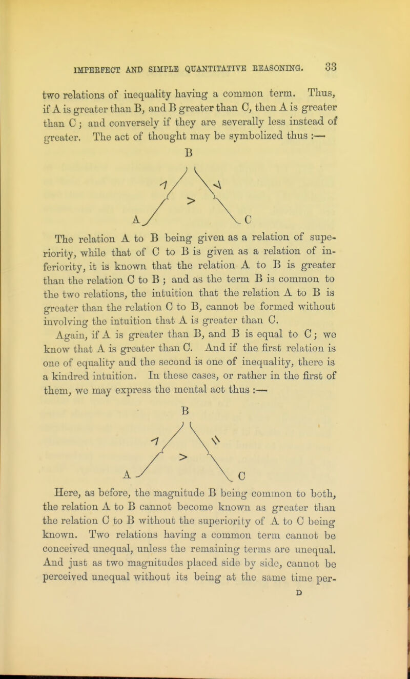 two relations of inequality having a common term. Thus, if A is greater than and B greater than then A is greater than C ; and conversely if they are severally less instead of greater. The act of thought may be symbolized thus :— B The relation A to B being given as a relation of supe- riority, while that of C to B is given as a relation of in- feriority, it is known that the relation A to B is greater than the relation 0 to B ; and as the term B is common to the two relations, the intuition that the relation A to B is greater than the relation C to B, cannot be formed without involving the intuition that A is greater than C. Again, if A is greater than B, and B is equal to C; we know that A is greater than C. And if the first relation is one of equality and the second is one of inequality, there is a kindred intuition. In these cases, or rather in the first of them, we may express the mental act thus :— B Here, as before, the magnitude B being common to both, the relation A to B cannot become known as greater than the relation C to B without the superiority of A to C being known. Two relations having a common term cannot be conceived unequal, unless the remaining terms are unequal. And just as two magnitudes placed side by side, cannot be perceived unequal without its being at the same time per-