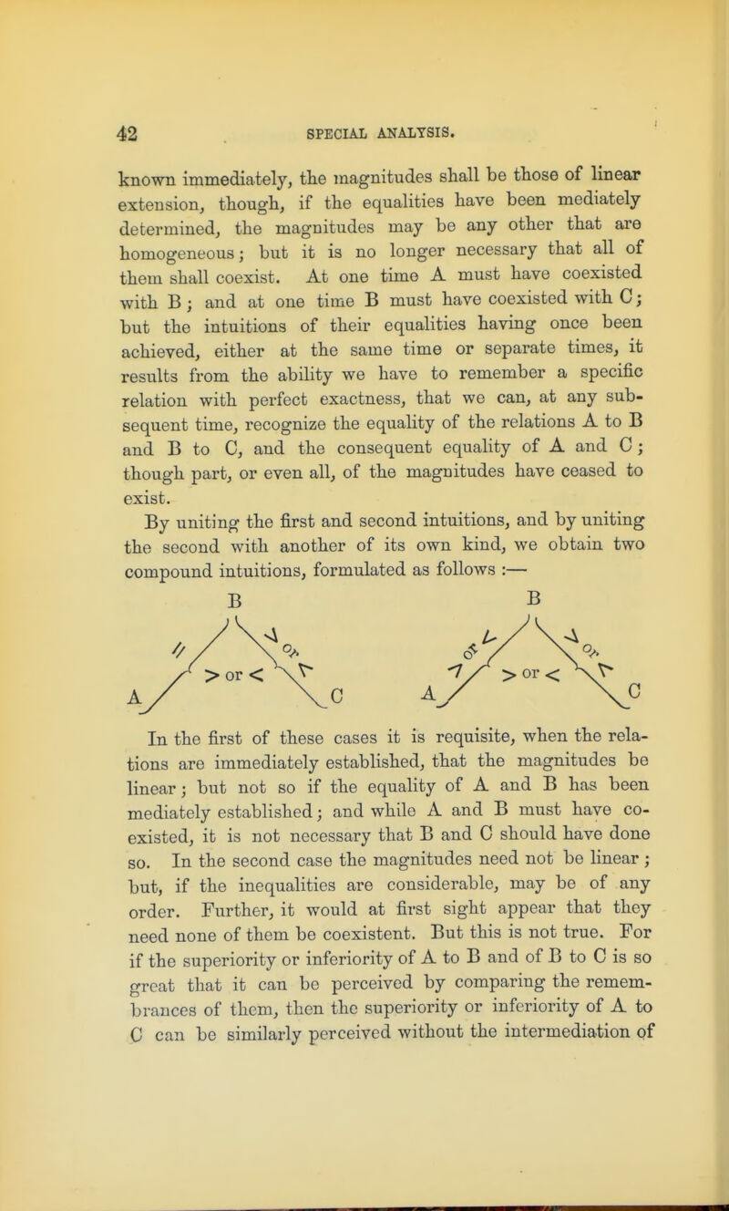 I known immediately, the magnitudes shall be those of linear extension, though, if the equalities have been mediately determined, the magnitudes may be any other that are homogeneous; but it is no longer necessary that all of them shall coexist. At one time A must have coexisted with B ; and at one time B must have coexisted with C; but the intuitions of their equalities having once been achieved, either at the same time or separate times, it results from the ability we have to remember a specific relation with perfect exactness, that we can, at any sub- sequent time, recognize the equality of the relations A to B and B to C, and the consequent equality of A and C; though part, or even all, of the magnitudes have ceased to exist. By uniting the first and second intuitions, and by uniting the second with another of its own kind, we obtain two compound intuitions, formulated as follows :— B B In the first of these cases it is requisite, when the rela- tions are immediately established, that the magnitudes be linear; but not so if the equality of A and B has been mediately established; and while A and B must have co- existed, it is not necessary that B and C should have done so. In the second case the magnitudes need not be linear; but, if the inequalities are considerable, may be of any order. Further, it would at first sight appear that they need none of them be coexistent. But this is not true. For if the superiority or inferiority of A to B and of B to C is so great that it can be perceived by comparing the remem- brances of them, then the superiority or inferiority of A to C can be similarly perceived without the intermediation of