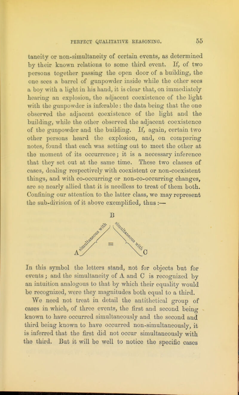 taneity or non-simultaneity of certain events, as determined by their known relations to some third event. If, of two persons together passing the open door of a building, the one sees a barrel of gunpowder inside while the other sees a boy with a light in his hand, it is clear that, on immediately hearing an explosion, the adjacent coexistence of the light with the gunpowder is inferable : the data being that the one observed the adjacent coexistence of the light and the building, while the other observed the adjacent coexistence of the gunpowder and the building. If, again, certain two other persons heard the explosion, and, on com pairing notes, found that each was setting out to meet the other at the moment of its occurrence; it is a necessary inference that they set out at the same time. These two classes of cases, dealing respectively with coexistent or non-coexistent things, and with co-occurring or non-co-occurring changes, are so nearly allied that it is needless to treat of them both. Confining our attention to the latter class, we may represent the sub-division of it above exemplified, thus :— B In this symbol the letters stand, not for objects but for events ; and the simultaneity of A and C is recognized by an intuition analogous to that by which their equality would be recognized, were they magnitudes both equal to a third. We need not treat in detail the antithetical group of cases in which, of three events, the first and second being - known to have occurred simultaneously and the second and third being known to have occurred non-simultaneously, it is inferred that the first did not occur simultaneously with the third. But it will be well to notice the specific cases