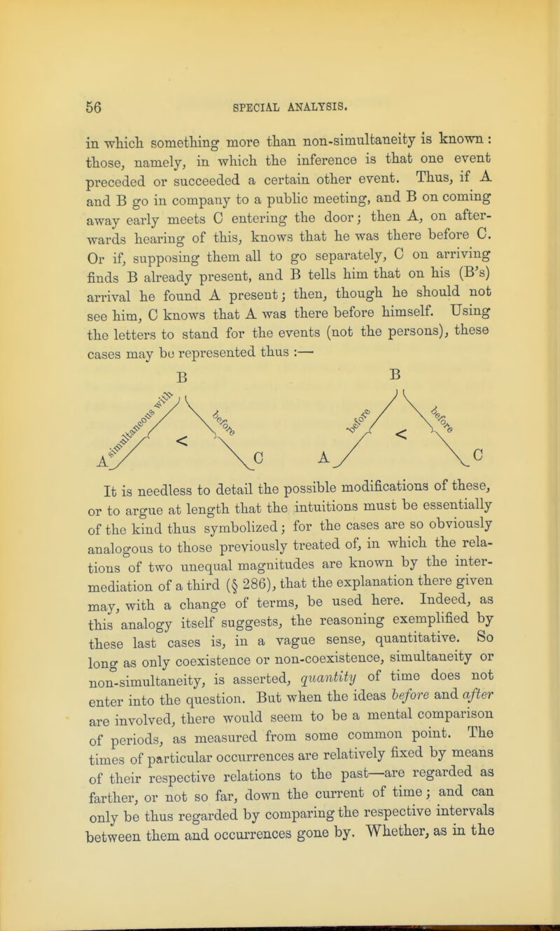 in wMch sometliing more tlian non-simultaneity is known: ttose, namely, in which the inference is that one event preceded or succeeded a certain other event. Thus, if A and B go in company to a public meeting, and B on coming away early meets C entering the door; then A, on after- wards hearing of this, knows that he was there before C. Or if, supposing them all to go separately, C on arriving finds B already present, and B tells him that on his (B's) arrival he found A present; then, though he should not see him, C knows that A was there before himself. Using the letters to stand for the events (not the persons), these cases may be represented thus :— B B It is needless to detail the possible modifications of these, or to argue at length that the intuitions must be essentially of the kind thus symbolized; for the cases are so obviously analogous to those previously treated of, in which the^ rela- tions of two unequal magnitudes are known by the inter- mediation of a third (§ 286), that the explanation there given may, with a change of terms, be used here. Indeed, as this analogy itself suggests, the reasoning exemplified by these last cases is, in a vague sense, quantitative. So long as only coexistence or non-coexistence, simultaneity or non-simultaneity, is asserted, quantity of time does not enter into the question. But when the ideas before and after are involved, there would seem to be a mental comparison of periods, as measured from some common point. The times of particular occurrences are relatively fixed by means of their respective relations to the past—are regarded as farther, or not so far, down the current of time; and can only be thus regarded by comparing the respective intervals between them and occurrences gone by. Whether, as in the