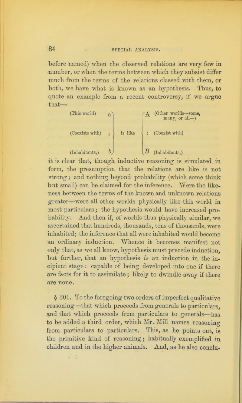 before named) when the observed relations are very few iu number^ or when the terms between which they subsist differ much from the terms of the relations classed with them, or both, we have what is known as an hypothesis. Thus, to quote an example from a recent controversy, if we arguo that— (This world) (Coexists witli) (InliabitantS;) a (A. (Otber worlds—some, many, or all—) is like s : (Coexist with) •B (Inhabitants,) it is clear that, though inductive reasoning is simulated in form, the presumption that the relations are like is not strong ; and nothing beyond probability (which some think but small) can be claimed for the inference. Were the like- ness between the terms of the known and unknown relations greater—were all other worlds physically like this world in most particulars; the hypothesis would have increased pro- bability. And then if, of worlds thus physically similar, we ascertained that hundreds, thousands, tens of thousands, were inhabited; the inference that all were inhabited would become an ordinary induction. Whence it becomes manifest not only that, as we all know, hypothesis must precede induction, but further, that an hypothesis is an induction in the in- cipient stage : capable of being developed into one if there are facts for it to assimilate; likely to dwindle away if there are none. § 301. To the foregoing two orders of imperfect qualitative reasoning—that which proceeds from generals to particulars, and that which proceeds from particulars to generals—has to be added a third order, which Mr. Mill names reasoning from particulars to particulars. This, as he points out, is the primitive kind of reasoning; habitually exemplified in children and in the higher animals. And, as he also conclu-