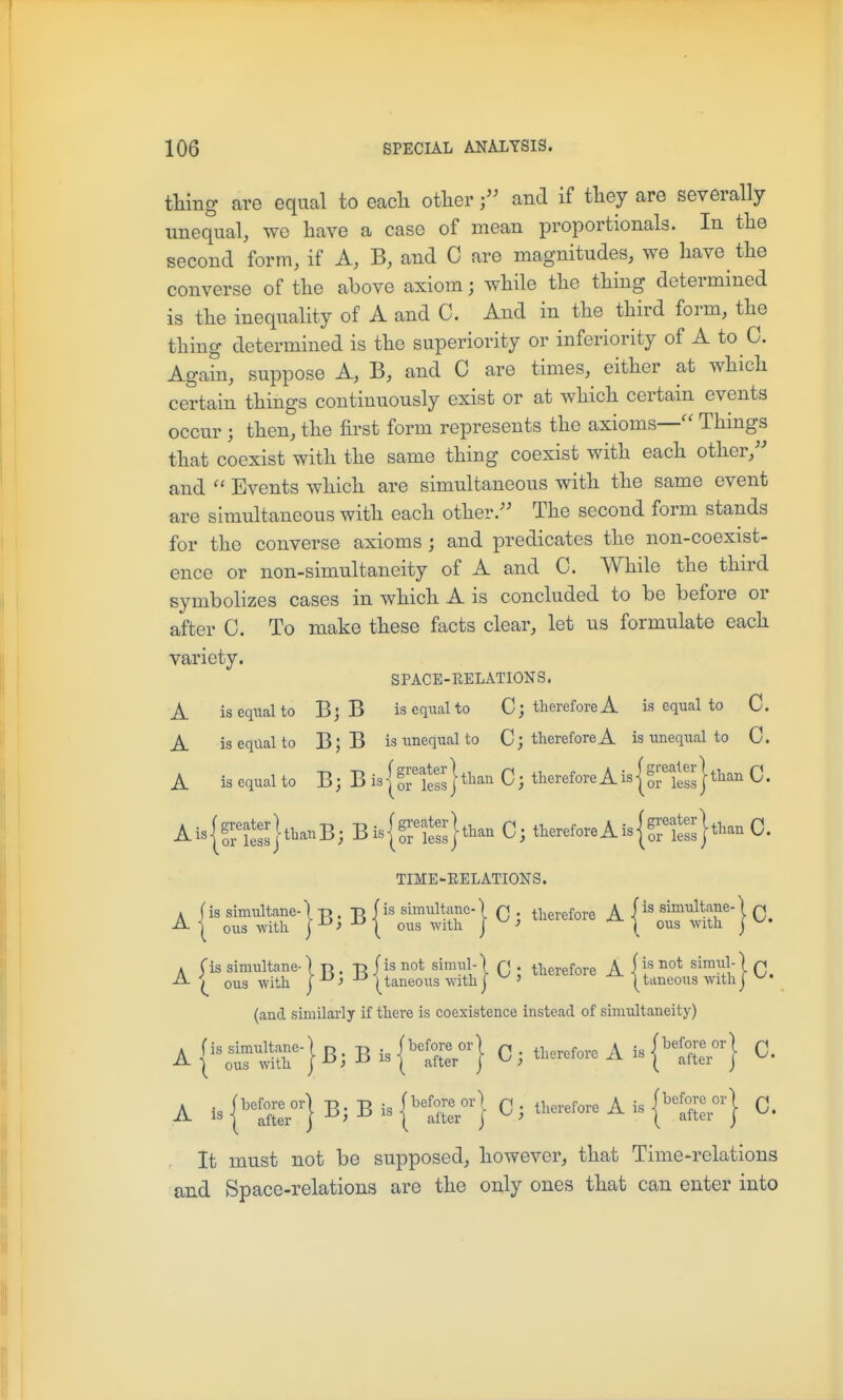 thing are equal to eacli otlierand if tliey are severally unequal, we have a case of mean proportionals. In tlie second form, if A, B, and C are magnitudes, we have the converse of the above axiom; while the thing determined is the inequality of A and C. And in the third form, the thing determined is the superiority or inferiority of A to C. Again, suppose A, B, and C are times, either at which certain things continuously exist or at which certain events occur ; then, the first form represents the axioms—Things that coexist with the same thing coexist with each other, and  Events which are simultaneous with the same event are simultaneous with each other/' The second form stands for the converse axioms ; and predicates the non-coexist- ence or non-simultaneity of A and C. While the third symbolizes cases in which A is concluded to be before or after C. To make these facts clear, let us formulate each variety. SPACE-RELATIONS. A iseqiialto B; B is cqualto C; therefore A is equal to C. A is equal to B;B is unequal to Cj therefore A is uneqiial to C. A is equal to B; B ia{sfeS}tl-n C; therefore A is {srts}tl^^- ^' Ais{f/£}tbanB; BisjStSjtl^- C; therefore A is {^^S} than C. TIME-EELATIONS. . (is simultane-) -n , 13 f is simultane-) Q therefore A 1^' simultane-) q ^\ ous with ] ' \ ous with J^^ ( ous with j ^' A lis simultane- ) H • B ^i' ''™-lVl C : therefore A {1^ C. ^ ous with j -^ ^taneous with j ^ ' |taneous with j ^' (and similarly if there is coexistence instead of simxiltaneity) A l;'^-} B; B i, (1?;^} C; fte.,»o A i. C- A is {X} B; B is {tLVj C; u-efore A is C. It must not be supposed, however, that Time-relations and Space-relations are the only ones that can enter into