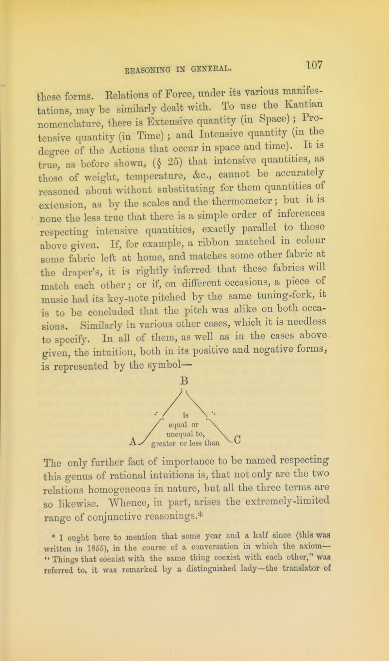 these forms. Kelations of Force, under its various manifes- tations, may be similarly dealt with. To use tlie Kantian nomenclature, there is Extensive quantity (m Space); Fro- tensive quantity (ia Time) ; and Intensive quantity (m the deo-ree of the Actions that occur in space and time). It is true, as before shown, (§ 25) that intensive quantities, as those of weight, temperature, &c., cannot be accurately reasoned about without substituting for them quantities of extension, as by the scales and the thermometer; but it is none the less true that there is a simple order of inferences respecting intensive quantities, exactly parallel to those above given. If, for example, a ribbon matched in colour some fabric left at home, and matches some other fabric at the draper's, it is rightly inferred that these fabrics will match each other; or if, on different occasions, a piece of music had its key-note pitched by the same tuning-fork, it is to be concluded that the pitch was alike on both occa- sions. Similarly in various other cases, which it is needless to specify. In all of them, as well as in the cases above given, the intuition, both in its positive and negative forms, is represented by the symbol— B 13 equal or unequal to, greater or less thau The only further fact of importance to be named respecting this genus of rational intuitions is, that not only are the two relations homogeneous in nature, but all the three terms are so likewise. Whence, in part, arises the extremely-limited range of conjunctive reasonings.* * I ought here to mention that some year and a half since (this was •written in 1855), in the course of a conversation in which the axiom—  Things that coexist with the same thing coexist with each other, was referred to. it was remarked by a distinguished lady—the translator of