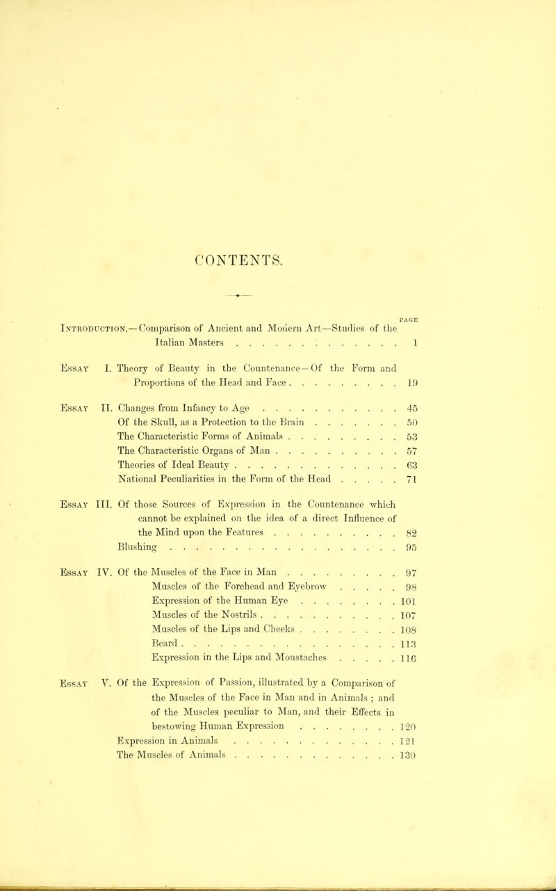 CONTENTS. PAGE Introduction.—(comparison of Ancient and Modern Art—Studies of the Italian Masters 1 Essay I. Theory of Beauty in the Countenance—Of the Form and Proportions of the Head and Face 19 Essay II. Changes from Infancy to Age 45 Of the Skull, as a Protection to the Brain 50 The Characteristic Forms of AnimaU 53 The Characteristic Organs of Man 57 Theories of Ideal Beauty 63 National Peculiarities in the Form of the Head 71 Essay III. Of those Sources of Expression in the Countenance which cannot be explained on the idea of a direct Influence of the Mind upon the Features 82 Blushing 95 Essay IV. Of the Muscles of the Face in Man 97 Muscles of the Forehead and Eyebrow 98 Expression of the Human Eye 101 Muscles of the Nostrils 107 Muscles of the Lips and Cheeks 108 Beard 113 Expression in the Lips and Moustaches 116 Essay V. Of the Expression of Passion, illustrated by a Comparison of the Muscles of the Face in Man and in Animals ; and of the Muscles peculiar to Man, and their Effects in bestowing Human Expression 120 Expression in Animals 121 The Muscles of Animals 130