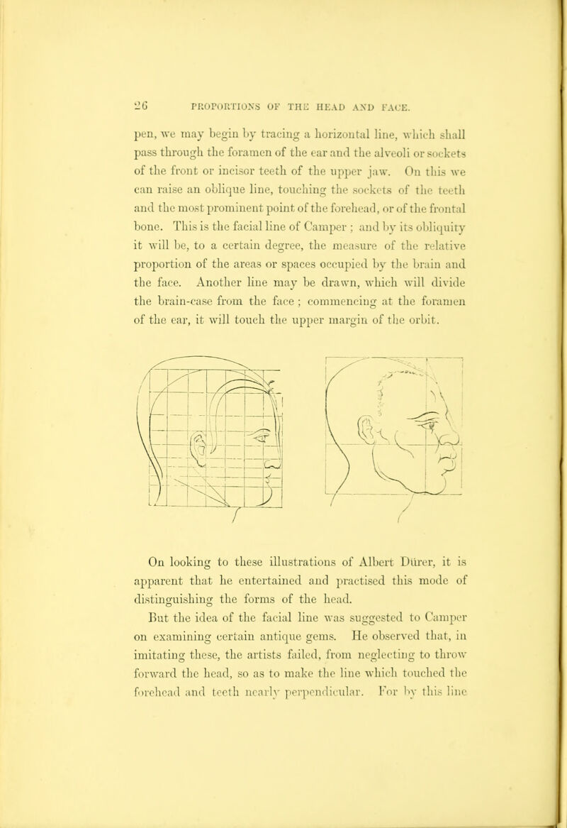 pen, Avc may begin by tracing a horizontal line, which shall pass through the foramen of the ear and the alveoli or sockets of the front or incisor teeth of the upper jaw. On this we can raise an oblique line, touching the sockets of the teeth and the most prominent point of the forehead, or of the frontal bone. This is the facial line of Camper ; and by its obliquity it will be, to a certain degree, the measure of the relative proportion of the areas or spaces occupied by the brain and the face. Another line may be drawn, which will divide the brain-case from the face; commencing at the foramen of the ear, it will touch the upper margin of the orbit. On looking to these illustrations of Albert Diirer, it is apparent that he entertained and practised this mode of distinguishing the forms of the head. But the idea of the facial line Avas suggested to Camper on examining ccriain antique gems. He observed tliat, in imitating these, the artists failed, from neglecting to throw forward the head, so as to make the line which touched the forehoail and li:^clh iirnrl\' ]ieri>onilir\ilai\ I'or I'v line