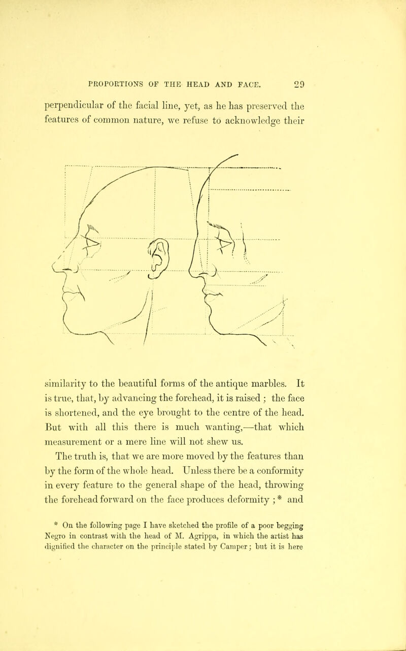 perpendicular of the facial line, yet, as he has preserved the features of common nature, we refuse to acknowledge their similarity to the beautiful forms of the antique marbles. It is true, that, by advancing the forehead, it is raised ; the face is shortened, and the eye brought to the centre of the head. But with all this there is much wanting,—that which measurement or a mere line will not shew us. The truth is, that we are more moved by the features than by the form of the whole head. Unless there be a conformity in every feature to the general shape of the head, throwing the forehead forward on the face produces deformity ; * and * On the following page I have sketched the profile of a poor begging Negro in contrast with the head of M. Agrippa, in which the artist has dignified tlie character on the principle stated by Camper; bnt it is here