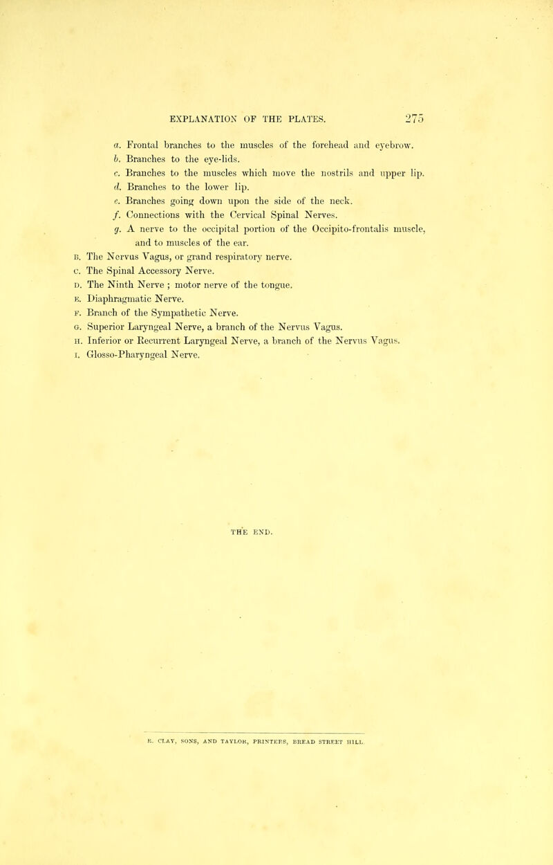 a. Frontal branches to the muscles of the forehead and eyebrow. b. Branches to the eye-lids. c. Branches to the muscles which move the nostrils and upper lip. d. Branches to the lower lip. c. Branches goin;^ down upon the side of the neck. /. Connections with the Cervical Spinal Nerves. g. A nerve to the occipital portion of the Occipito-frontalis muscle, and to muscles of the ear. The Nervus Vagus, or gi-and respiratory nerve. The Spinal Accessory Nerve. The Ninth Nerve ; motor nerve of the tongue, Diaphnigniatic Nerve. Branch of the Sympathetic Nerve. Superior Laryngeal Nerve, a branch of the Nervus Vagus. Inferior or Recurrent Laryngeal Nerve, a branch of the Nervus Vagus, Glosso-Pharyngeal Nerve. THE END. B. CLAY, SONS, AND TAYLOK, PRINTKPS, BREAD STREET HILL