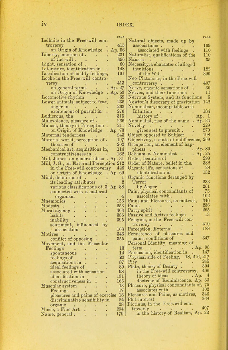 PAOS Leibnitz ia the Free-will con- troversy .... 415 on Origin of Knowledge . Ap. 56 Liberty, emotion of. . . 231 of the will. ... 396 Light, sensation of . . . 60 Literature, identification in . 148 Localization of bodily feelings, 101 Locke in the Free-will contro- versy 413 on general terms . . Ap. 27 on Origin of Knowledge . Ap. 53 Locomotive rhythm . . 69 Lower animals, subject to fear, 235 anger in . . . . 263 excitement of pursuit in . 270 Ludicrous, the . . . 315 Malevolence, pleasure of . . 266 Mansel, theory of Perception . 211 on Origin of Knowledge . Ap. 73 Maternal tenderness . • 243 Material world, perception of . 197 theories of 202 Mechanical art, acquisitions in, 114 constructiveness in . . 162 Mill, James, on general ideas . Ap. 31 MiU, J. S., on External Perception 212 in the Free-will controversy 426 on Origin of Knowledge . Ap. 69 Mind, definition of . . . 1 its leading attributes . 2 various classifications of, 3, Ap. 88 connected with a material organism ... 4 Mnemonics .... 156 Modesty 253 Moral agency .... 403 habits .... 385 inability .... 395 sentiment, influenced by association . . . 108 Motives 346 conflict of opposing . . 355 Movement, and the Muscular Feelings .... 13 spontaneous ... 14 feelings of ... 22 acquisitions in . . . 87 ideal feelings of . . 89 associated with sensation 98 identification in . . 131 constructiveness in . . 165 Muscular system ... 13 Feelings . . . .17 pleasures and pains of exercise 18 discriminative sensibility in 24 organic .... 28 Music, a Fine Art ... 294 Name, general.... 179 Natural objects, made up by associations .... 109 associated with feelings . 110 Naturalist, qualifications of the 110 Nausea 35 Necessity, a character of alleged intuitions .... 183 of the WiU ... 396 Neo-Platonists, in the Free-wiU controversy .... 407 Nerve, organic sensations of . 30 Nerves, and their functions . 11 Nervous System, and its functions 5 Newton's discovery of gravitation 143 Nominalism, incompatible with Intuition .... 181 history of . . . . Ap. 1 Nominalist, rise of the name . Ap. 24 Novelty . . . . . 229 gives zest to pursuit . . 270 Object opposed to Subject . 198 Objectivity, a state of iudifierence, 269 Occupation, an element of hap- piness Ap. 80 Ockham, a Nominalist . . Ap. 25 Order, beauties of . ■ 299 Order of Nature, belief in the, 382 Organic life, sensations of . 28 identification in . . 132 Organic functions deranged by Terror .... 233 by Anger . . . 261 Pain, physical concomitants of 75 associates with. . . 102 Pains and Pleasures, as motives, 346 Panic 236 Party spirit .... 265 Passive and Active feelings . 13 Pelagius, in the Free-will con- troversy .... 410 Perception, External . . 188 Persistence of pleasures and pains, conditions of . . 347 Personal Identity, meaning of term Ap. 96 Persuasion, identification in . 147 Physical side of FeeUng, 18, 216, 217 Pity 245 Plato, theory of Beauty . . 304 in the Free-will controversy, 406 theory of ideas . . Ap. 4 doctrine of Eeminiscence, Ap. 33 Pleasure, physical concomitants of, 75 associates with . _ . 102 Pleasures and Pains, as motives, 346 Plot-interest . _ . • 268 Plotinus, in the Free-will con- troversy .... 407 in the history of Realism, Ap. 22