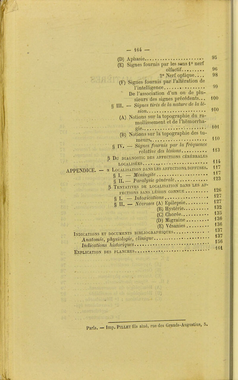 - 164 — (D) Aphasie (E) Sicnes fournis par les sans 1° nerf olfactif 90 2° Nerf optique.... 98 (F) Signes fournis par l'altération de l'intelligence 99 De l'association d'un ou de plu- sieurs des signes précédents... 100 § III. — Signes tirés de la nature de la lé- sion. ^00 (A) Notions sur la topographie du ra- mollissement et de l'hémorrha- gie ■• • (B) Notions sur la topographie des tu- meurs g lY. — Signes fournis par la fréquence relative des lésions H 3 P Du DIAGNOSTIC DES AFFECTIONS CÉRÉBRALES LOCALISÉES JJ^ APPENDICE. - a Localisation dans les affections diffuses. 17 § I. — Méningite * ^ ' § II. — Paralysie générale ^23 P Tentatives de localisation dans les af- fections sans lésion connue 126 § I. — Intoxications *27 8 II. _ Névroses (A) Epilepsie 127 (B) Hystérie 132 (C) Chorée 13^ (D) Migraine 136 (E) Vésanies 136 137 Indications et documents bibliographiques Anatomie, physiologie, clinique Indications historiques • •••• Explication des planches