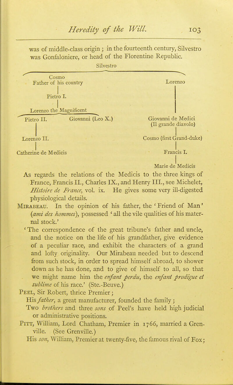 was of middle-class origin ; in the fourteenth century, Silvestro was Gonfaloniere, or head of the Florentine Republic. Silvestro Cosmo Father of his country Lorenzo Pietro I. I Lorenzo the Magnificent — Pietro II. Giovanni (Leo X.) Giovanni de Medici (II grande diavolo) Lorenzo II. Cosmo (first Grand-duke) I I Catherine de Medicis Francis I. Marie de Medicis As regards the relations of the Medicis to the three kings of France, Francis II., Charles IX., and Henry III., see Michelet, Histoire de France^ vol. ix. He gives some very ill-digested physiological details. MiRABEAU. In the opinion of his father, the ' Friend of Man' {ami des hommes), possessed ' all the vile qualities of his mater- nal stock.' ' The correspondence of the great tribune's father and uncle, and the notice on the life of his grandfather, give evidence of a peculiar race, and exhibit the characters of a grand and lofty originality. Our Mirabeau needed but to descend from such stock, in order to spread himself abroad, to shower down as he has done, and to give of himself to all, so that we might name him the enfant perdu, the enfant prodigue et sublime of his race.' (Ste.-Beuve.) Peel, Sir Robert, thrice Premier \ His father, a great manufacturer, founded the family; Two brothers and three sons of Peel's have held high judicial or administrative positions. Pitt, William, Lord Chatham, Premier in 1766, married a Gren- ville. (See Grenville.) His son, William, Premier at twenty-five, the famous rival of Fox;