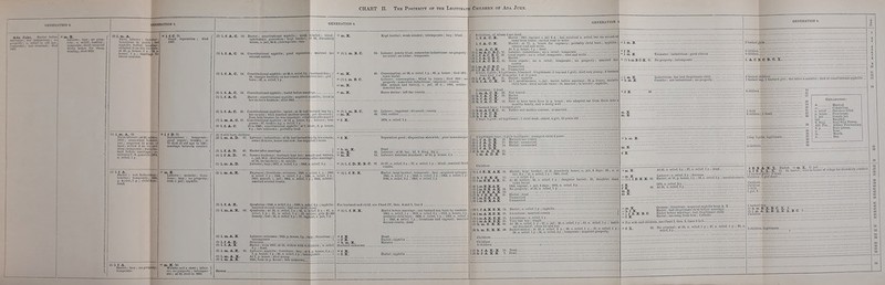 GEXERATIOS 2. Ada Joke. Hariot hclon proprnx ; 11, relief in old »s«; wmpcriie : u<A crisiiaAl; died Laborer; Uij; no Prop- ertr; o. relief; healthj-; ieinperaie:Uiief; received thiny lashes Tor sheep stealing; died ISia GENBBATION 3. (2J1. m. A. Fanu liiboror ; indolent , liceijtiou? Ill yoiiili ; had syphilis bL-fort' ninrriape; entaik-fl it on his children; at 45. p. lioiiiJc, 1 y.; 6J, p. hiKisc, 1 y.; marriwe be- tween cousins. GENERATION 4. (3> 1. m. A. 7S. Farm Inborcr; al 311. s>oIdier, 1813 ; ^^omcwliat indDStri- oas: acfjuired 14 acres of lund: n iikv! it to liis chil- dren : ieiiip'--r;it<-: liiidabas- ■1 V. ■jape ; I; 1874. (4) L f. A. Harlot : not liidn^trloiui licallliv; tcmperalL': p iiuase. 1 J,; child b » 1. f. D. 73. indiiBtrion? ; (cmporatc; goud repute; lioaltliv; n died of old age iii'lNi?, marriage betwceu cousins. | (5) I. f. A- Harlot: lazy ; i temperate. ' m. X. I>aborer ; raulalto ; llceii- tioup; lazy; no property; 1S30, c.jail; syphilid. M m. X. 50. Mnlattoanda flare; labor- er; no properly; intemper- ate ; al 50, died in 1850. (1)1. f. A. a CO. Harlot; constiliitional syphilis; weak iniiitled . ophthalmic gonorrhea; kept brotuol; flt 42, disorderly house, c. jail, 20 d.; inlenipemte; lazy. (3) 1. f. A. C. 50. blind «) 1. f. A. C. 54. Constitiittonnl Pvphllip; at 30,o, relief.3y.; Imsband dies: 34. cluirges baplardy ou her cousin whomfli riL-s her; girl bom; ■11, o. relief, 1 y. (4) 1. f. A. C, © 1. f. A. O. (7) 1. m. A. C. (8) 1. f. A. C ConstituUonal syphilis; harlot beforemarriise Harlot; constitutional syphilis; acquired syphilis; lived in her sifter's brothels; died 1863 her cousin ; then married another cousim: ?ot divorced , from liira becanec he was impotent; cohabitt-d afterward ( Constitutional syphilis; at 12, p. house, 3 J.; laborer; tem- perate ; 37, broken leg, o. relief, 1 y. 1« in 1860; constitutional syphilis; at 7, idiot; S, p. house, 8 y.; fate unknown ; piobably dead (1) 3 Btill-born children [4; 1. m. A. D. 47. Laborer; industrious; at ZG, liad bastard buy by his cousin oivns 14 acres, house and cow; hasacquiri^d 5 acres. (5) l.f. A-D. 45. Harlotaflermarriage ■{ (0) 1. f. A. D. 41. Insane tendency; husband beat her: aeeaiilt and battery. c. jaii, 90 d.; first hnsiband killed moniinf,' after marriage; at 30, melancholic; 41, suicide. (7) l.m. A.D. Laborer; lazy; 1857, o. relief, 1 y. ;1864,(^. relief, 2 y Engineer; licentious; octoroon; 1840, o. relief. 1. y.: 1842, o. relief, 1 y.; 1844. o. relief, I y.; 1S4C. o. relief, 2 y.; J853. assault, c. jail; 1862, o. relief, 1 j.; 1803, soldier; married second cousin. C2) I. f. A. X. (8) 1. m.A.X. Quadroon; 1846. o. relief, 2 y,; 1849,o. relief, a y,; syphilis married second cousin ; had one child; ih'Jid. Quadroon; nt 33. o. relief, I y.; 42 o. ri'Iicf, 2 y.; 47, O reliel, 1 y.; 51. o. relief, 1 y.; D2, sotilii-r. fe-ets f 1.000 boQuty; lost; 55, o. relief, 1 y,; 57, vagmiit, c. jail, 7  Laborer; octoroon; 1835, p.houBe, ly. :Iafey; llcenti intemperate ' Octoroon Harlot; bom IS33; at 35, widow with 4 cdildron ; o. relief. a y.: dead. 40. Laborer; syphilis; licentious; lazy; at 2l ii. house, 1 y.; ( 7, p. house. 1 y.; 40, o. relief, 1 y,; inieiiipemte ( At 1, p. house ; died young j 1835, bora in p. house; fate unknown.!! .'. w (7) 1. m.: = m. X. Kept brothel; weak minded; intemperate; Inzy; blind.. 53. Laborer; nearly blind; somewhat industrious; no propei no relief; no crime; temperate. Consumption; at 38, o. relief, 1 y.; 40, p. house ; died 1851 town burial. Laborer; consumption; blind by injury; died 18Gil; n< property; somewhat industrious ; impotent; cousin 1850, assault and battery, c. jail, 10 d.; 1S03. soldier deserted her. Horse doctor; left the county.. 1 (!)) 1. m. B. C. Laborer; impotent; divorced; cnuslu 1853, soldier 1874, o. relief. 1 y lutation good; disposition shrewish; poor housekeepe < b- m, X = m. X. ■■ m. X- Dead Laborer; at 30, bur., 3d, S. Sing, 2}4 y Laborer; habitual drunkard ; at 22, p. house, 1 y.. M (2) 1. f. D. X. B. C, 37. Harlot; kept brothel; temperate ; lazy ; acquired epilepsy l&IO. o. relief, 1 y.; 1843, o. relief, 1 y.; 1844. o. relief, 1 y. 1846, o. relief, 2 y.; 1862, o. relief, 1 y. For husband and cli M (0) 1. f. E. X. M f. X. = f.X. ^ b. m. X. Husband unknown iUl, see Chart IV, Gen. 4 and 5, line 2 . Harlot before marriage; one bastard son bom bv roadside 1813, n. relief, 1 y.; 185.3, o relief. 2 y.; IS55. p, house, 1 y., probul)ly child born ; 3858, o. relief, I y.; 1802. o. relief, 1 y.; 1856. o. relief, ly.; licentious and vagrant; married second cousin; dead. Dead Harlot; syphilis Mulatto Harlot; syphilis GENERATION B. L f. A. C. X. I Lm. A. ex. (1}L m.A.C. B.C. 31. (2H,f. A.C.B.C. 30. (3) 1. f. A. C. B. C. (4) Lf.A. C. B.C. 25. (5) l.m. A.C.B.C. (6) l.f. A. C. B. C. 14. 4boys, 3[;irls;4 1eg boys died, 1 at 14 (3)l.f. A. C. X. 21, (5}b. f. A.C. X. 20. 6 are dead - . Harlot; IHlil. vagrant, c. jail 2 d.; has received o. relief, but no record oi same been found ; cannot read or write Hurlot; at 17, p. house for vagrancy; probably child bom; syphilia cannot read and write. At 5, p. house, 1 y.; dead Lflliorer: industnou:-: no o relief; temperate ■ 1 iood repute; no o. relief; temperate; read and write Harlot yi'i:' Good repute; no o. relief; temperate; no property; married her cousin. Unmarried Unmarried ■ ■ ■- ilimate, 3 bastard : 2 legitimate (1 boy and 1 girl); died very young; 2 bastard months, 1 at 15 years llarloi: syphilis - AtT. inisdemennor, c. ji'U harlot before marriage ; 18, p. house, mulatto cliilil born: tried suicide twice; 19, married; in service ; syphilis. 3 children : 2 dead Lm.A.C. X. 31 b,f-A. ex. 1! b. f. A. C- X, b. f. A. C. X 3 bastard boys; b m.A.C B.C. b. f. A, C. X. b. f. A. C. X. 3 boys, 5 girls; Not traced 10. Uailoi Harlot 12. Said to have been born in p. house; we wealthy family, and is doing well 3 hostard iris 21. Fatiierand mother cousins; unmarried.. i adopted out from tliere^ i^a all legitiuiale; 1 child dead; oldest, a girl, 14 years old.. f 2legitimate boys; 0 J(I)l.f. A. D. X. 10. 1 (2) I. f. A. D. X. 17. i(3)l, f. A. D. X. M. J (l)Lf, A. D.X. 1 (2) b. m. A. D- X. 15. Lm.A. D. X. 20. ;irls ie^iiimate; youngest child 4 years. Married her cousin Harlot; unmarried Harlot; unmarried (2) b. f. E. X. X. (3) l.m.E.X A X. (4) l.m.E.XJi..X. (5) l.m.E.X. A.X. 21. (6) l.f. E. X. A. X. 2.3. <7) b. f- E. X. X. 21. (8) l.m.E.X. A.X |9) l.m.E. X A.X. Harlot; kept brothel; at 21, disorderly house, c. jail, 2 days; 2D, < Met, 2 y._; :W, o. relief, 1 y.; 185!l, died. Al 2o'p'oi(ii'e'r; 22, o.'relicf, 3 y,; daughter buried; 25, daughter deed, town burial. ,. , „ ISUS. vagrant, c.jail, 2 days; 1870, o. rclief,2y No properly; at 21, o. relief, 1 y Harlot; dead.. Unmarried Unmarried f(3)l. f.AX.E.X. 32. (4) Lm.A-X.E. X. 30. (5) l.m.A X. E.X. 25. ^(0) l.m.A.X. E.X. 20. (1) b. m. E. X. X. 4li. !(3)b. m, E. X. X. 40. Harlot; o. relief, 1 y.; syphilis Licentious; married cousin Licentious; o. relief, 1 y Very bad boy; single - ■„■■;■,■■ At 28, o. relief, 5 y.; 3T, c. jail; 40, o. relief, 1 y.; 43, o. relief, 1 y, ual drunkard; owns lot and hut. ,. „ , Basket-maker; at 2.3, o. relief, 2 y.; 98, o. relief, 1 y,; 31, o. relief, 34, o. relief, 1 y.; 36, o. relief, 3y.; temperate ; acquired property. habit- 1 y. I (1) b. f. A. X. X. 10. Dead. I (2) b. f. A. X. X. 0. Dead.. 1. m. X. Teamster; industrious; good citizc I (7) b.m.B.C.X. 31- No property; intemperate Industrious; has bad illegitimate child... Canaller; not industrious; no property.. GENERATION 6. 2 bastard girlB.. 1 SetaJd boy^**! bastard giriV the iatter a uiuiittoVdled^r coustVtuHonale^philiiV 1 child 2 children; 1 dead.. = (3)Lf.E.X.X. 23. Atas. o. relief, 2y.; 27, o. relief, I y.; dead Laborer; 0. relief, 2y.; German .-■ ;■- Harlot; at 10, p. house, 1 y.; 18, o. relief, 5 y.; married cousin, 1870. 0. relief, 2 y At 30, o. relief, I y German : licentious; acquired syi)hilis from A. X.. Harlot; bad illegiliniate child before marnogc Harlot before marriage; had illeeitimaie child,.. . Harlot; ran away from him; Calholic = m. X. = b. t. X. f. 1. f. E. X. B. 0. = f.X. W For wife aiid cbildren,' see Cliiirt I, Gen. 5, lines 3 to M * T 33. No criminal; at 24, o. relief, 1 y.; 27, o. relief, I y.; 2i), o. ^- relief, 2 y 1 boy, 2girl8, legitimate.. i children EXPLiKATlON: o. relief . p. house, c. jail ... bur S. Sini^. Alb. Pen. S.P y tn . Karrled. , Cohabiting. . Out-door relief. . Poor-house. . Couutyjail. . Bur;,dary. . Sing Sing Prison. . Albany Penitculiary . Slate prison. . Year. . Month. , Day. f. E, X. A. X. X ib. f.E. X. X.X. n t 5 bastard glrle; 2 (lend Children; 1 girl dead,. Harlot. =m. X. 10, harlot; sei t?oiloii'sc of refuge for disordcriy conduct. 1 bastard hoy (1) b.m, E.X. B, C. X. 8,. (2) L m. A. X.E. X.E. X,. Childless 3 children, legitimate.