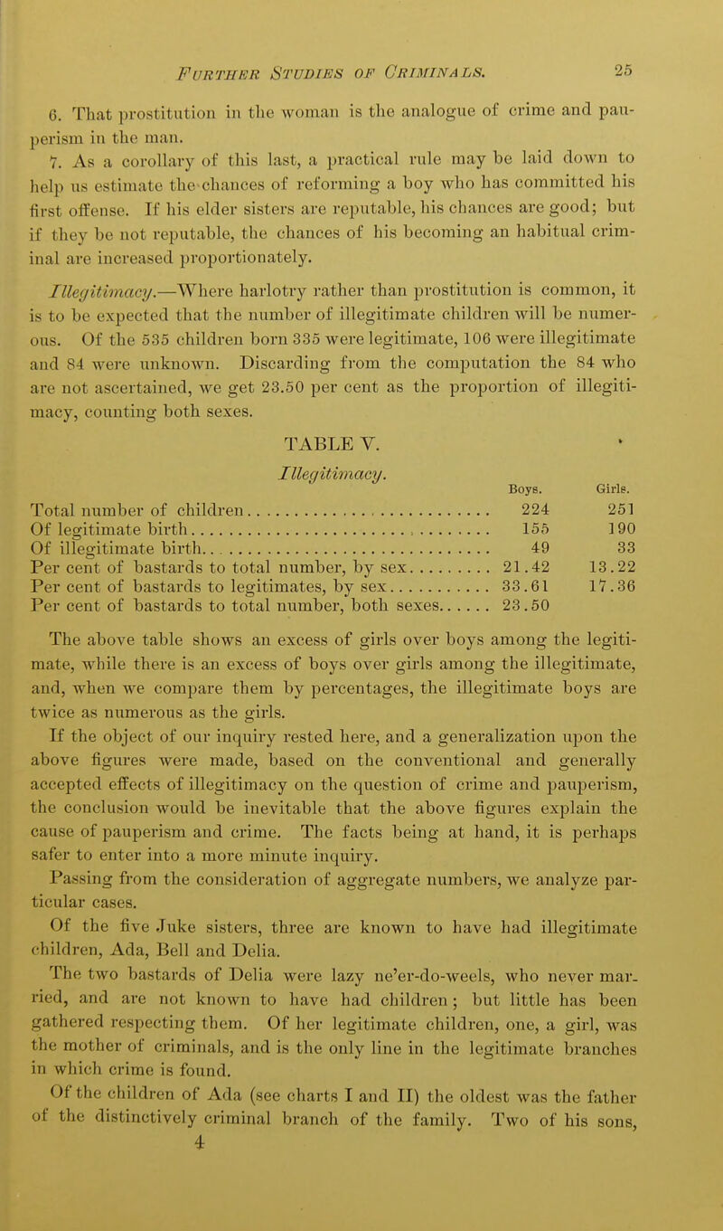 6. That prostitution in the woman is the analogue of crime and pau- perism in the man. v. As a coroHary of this last, a practical rule may be laid doAvn to help us estimate the-chances of reforming a boy who has committed his first olfense. If his elder sisters are reputable, his chances are good; but if they be not reputable, the chances of his becoming an habitual crim- inal are increased proportionately. Illegitimacy.—Where harlotry i-ather than prostitution is common, it is to be expected that the number of illegitimate children will be numer- ous. Of the 535 children born 335 were legitimate, 106 were illegitimate and 84 were unknown. Discarding from the computation the 84 who are not ascertained, we get 23.50 per cent as the proportion of illegiti- macy, counting both sexes. TABLE V. Illegitimacy. Boys. Girls. Total number of children 224 251 Of legitimate birth : 155 190 Of illegitimate birth 49 33 Per cent of bastards to total number, by sex 21.42 13.22 Per cent of bastards to legitimates, by sex 33.61 1*7.36 Per cent of bastards to total number, both sexes 23.50 The above table shows an excess of girls over boys among the legiti- mate, while there is an excess of boys over girls among the illegitimate, and, when we compare them by percentages, the illegitimate boys are twice as numerous as the girls. If the object of our inquiry rested here, and a generalization upon the above figures were made, based on the conventional and generally accepted effects of illegitimacy on the question of crime and pauperism, the conclusion would be inevitable that the above figures explain the cause of pauperism and crime. The facts being at hand, it is perhaps safer to enter into a more minute inquiry. Passing from the consideration of aggregate numbers, we analyze par- ticular cases. Of the five Juke sisters, three are known to have had illegitimate children, Ada, Bell and Delia. The two bastards of Delia were lazy ne'er-do-weels, who never mar- ried, and are not known to have had children ; but little has been gathered respecting them. Of her legitimate children, one, a girl, was the mother of criminals, and is the only line in the legitimate branches in which crime is found. Of the children of Ada (see charts I and II) the oldest was the father of the distinctively criminal branch of the family. Two of his sons, 4