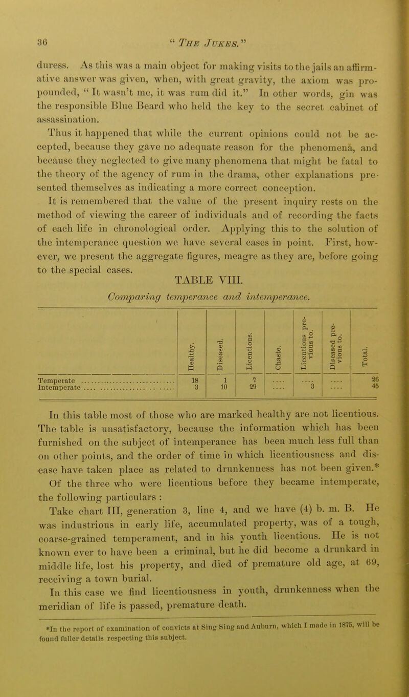 duress. As this was a main object for making visits to the jails an affirm- ative answer was given, when, Avith great gravity, the axiom was pro- pounded,  It wasn't me, it was rum did it. In other words, gin was the responsible Blue Beard who held the key to the secret cabinet of assassiuation. Thus it happened that while the current opinions could not be ac- cepted, because they gave no adequate reason for the phenomena, and because they neglected to give many phenomena that might be fatal to the theory of the agency of rum in the drama, other explanations pre- sented themselves as indicating a more correct conception. It is remembered that the value of the present inquiry rests on the method of viewing the career of individuals and of recording the facts of each life in chronological order. Applying this to the solution of the intemperance question we have several cases in point. First, how- ever, we present the aggregate figures, meagre as they are, before going to the special cases. TABLE VIII. Comparing temperance and intemperance. Temperate . Intemperate 18 3 -a 1 10 a o 7 29 o P. 09 .2 3 II .5 > O 26 45 In this table most of those who are marked healthy are not licentious. The table is unsatisfactory, because the information which has been furnished on the subject of intemperance has been much less full than on other points, and the order of time in which licentiousness and dis- ease have taken place as related to drunkenness has not been given.* Of the three who were licentious before they became intemperate, the following particulars : Take chart III, generation 3, line 4, and we have (4) b. m. B. He was industrious in early life, accumulated property, was of a tough, coarse-grained temperament, and in his youth licentious. He is not known ever to have been a criminal, but he did become a drunkard in middle life, lost his property, and died of premature old age, at 69, receiving a town burial. In this case we find licentiousness in youth, drunkenness when the meridian of life is passed, premature death. *In tlie report of examination of convicts at Sing Sing and Anburn, which I made in 1875, will be found fuller details respecting this subject.